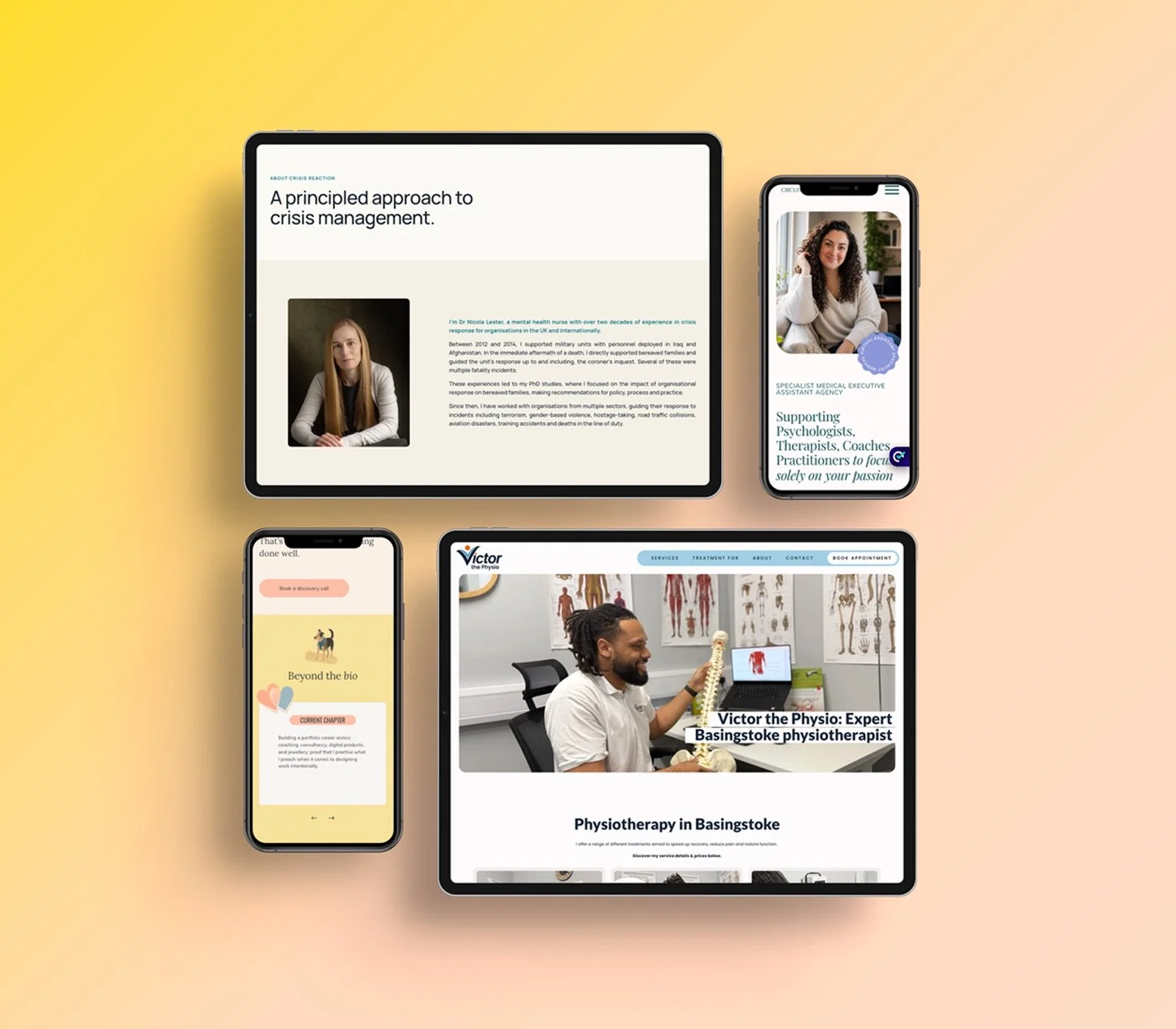A grid of tablet and mobile devices with web design screenshots including for a physiotherapy, consultant and career coach business.