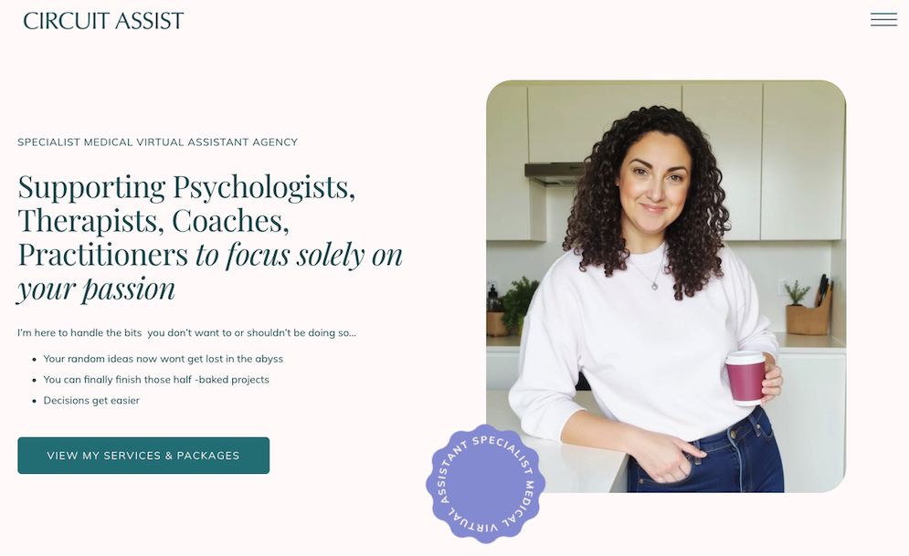 Screenshot of the header section of a specialist medical virtual assistant agency with text and an image of a brunette female holding a cup of coffee in a white kitchen.