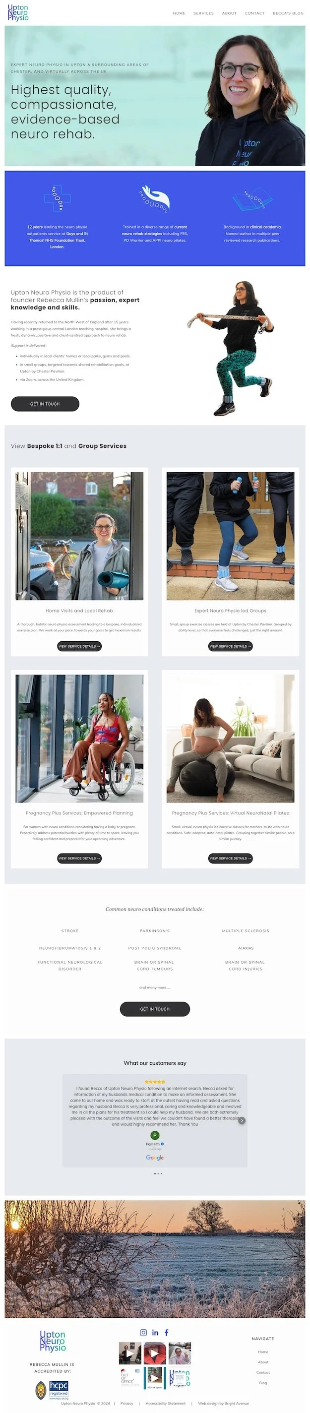 Scolling home screen of the Upton Neuro Physio website.