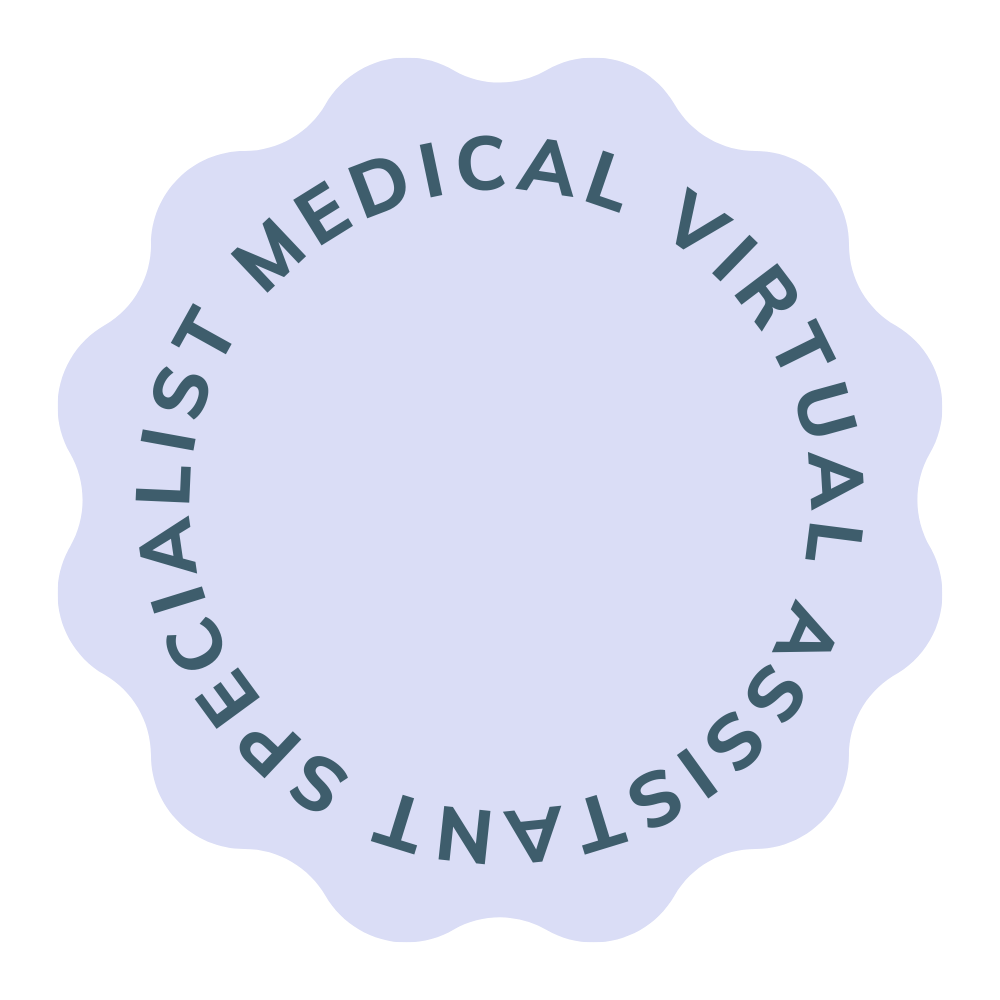 lilac flower-edged circular graphic with the words 'specialist medical virtual assistant' round the outside edge