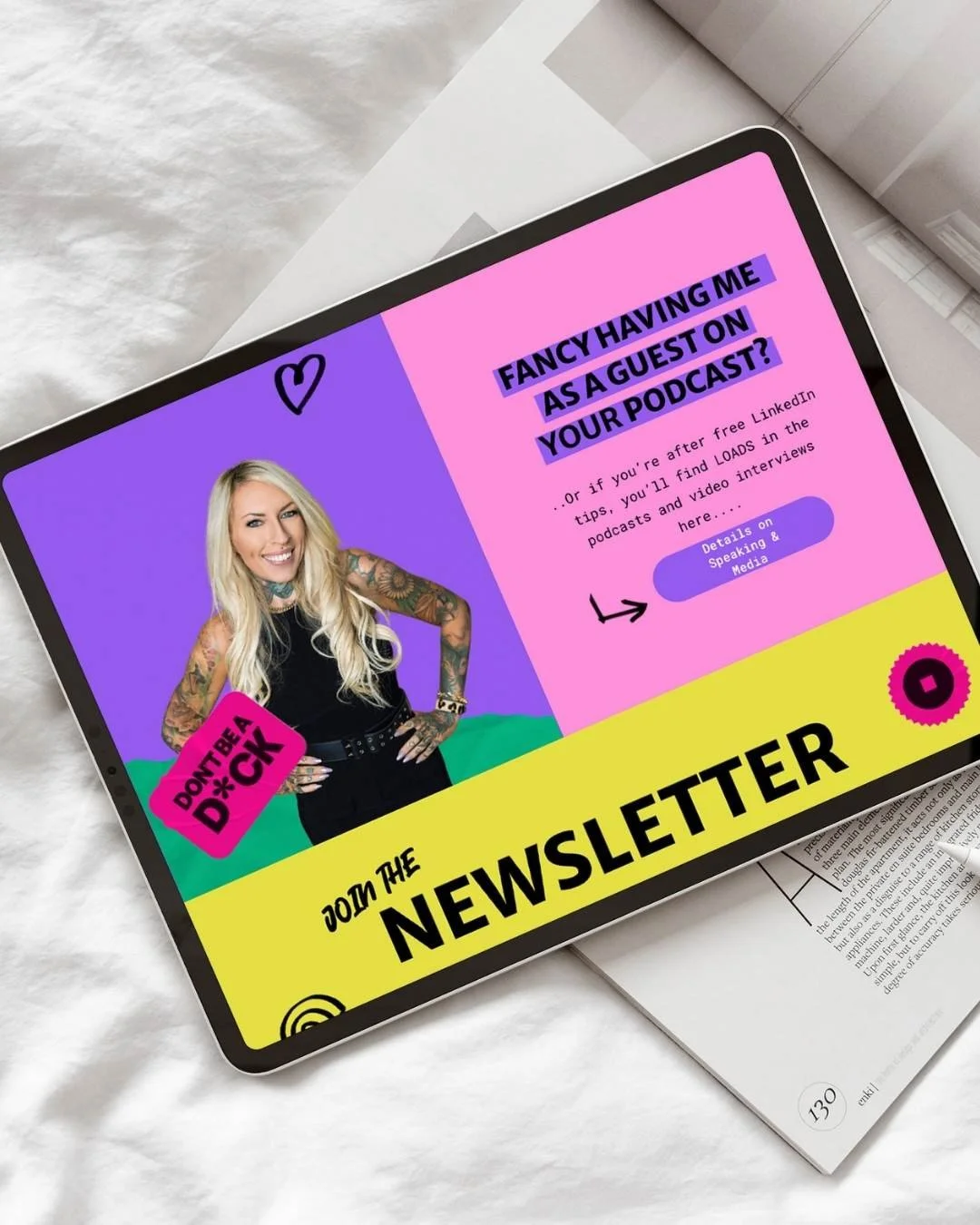 iPad mockup for a bright pink, yellow and purple website for a smiling blonde female
