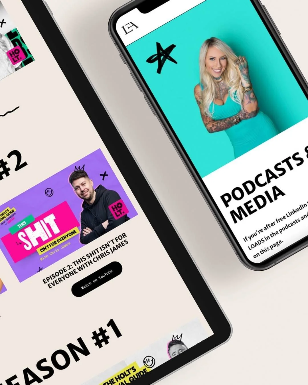 Mobile and iPad screenshot mockups for a bright pink, yellow and purple website for a smiling blonde female