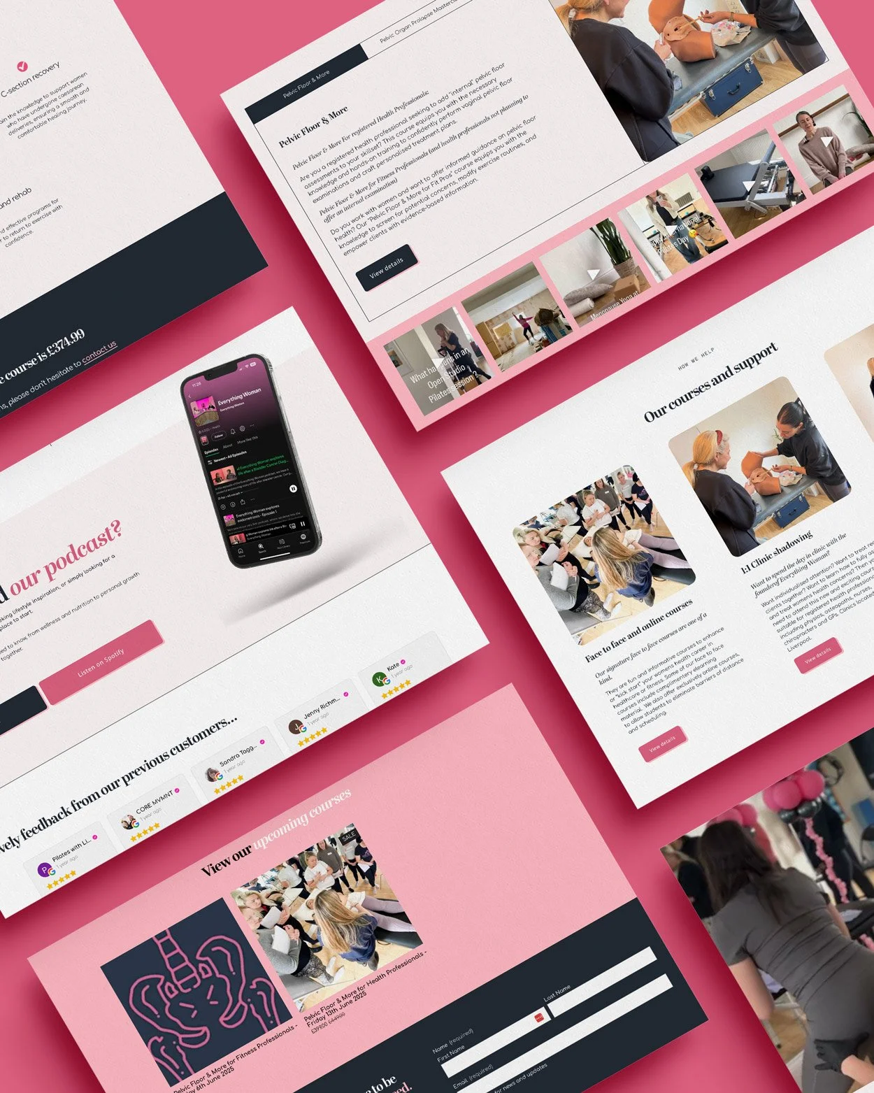 Grid of rectangular screenshots showing a women's health website with a pink and navy blue theme.