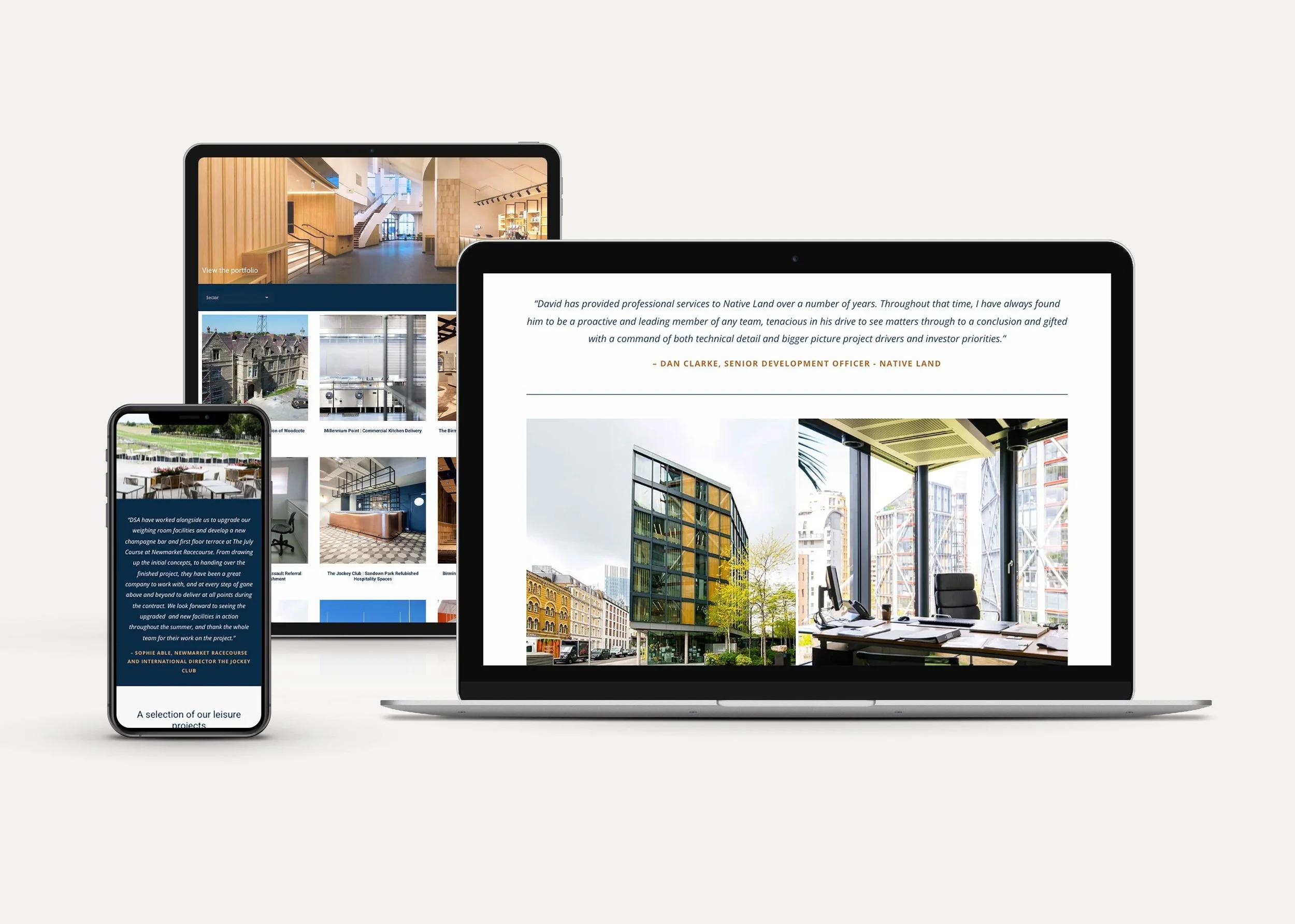 An iPhone, iPad and MacBook showing screenshots of a construction project management website including a central London five-story contemporary building.