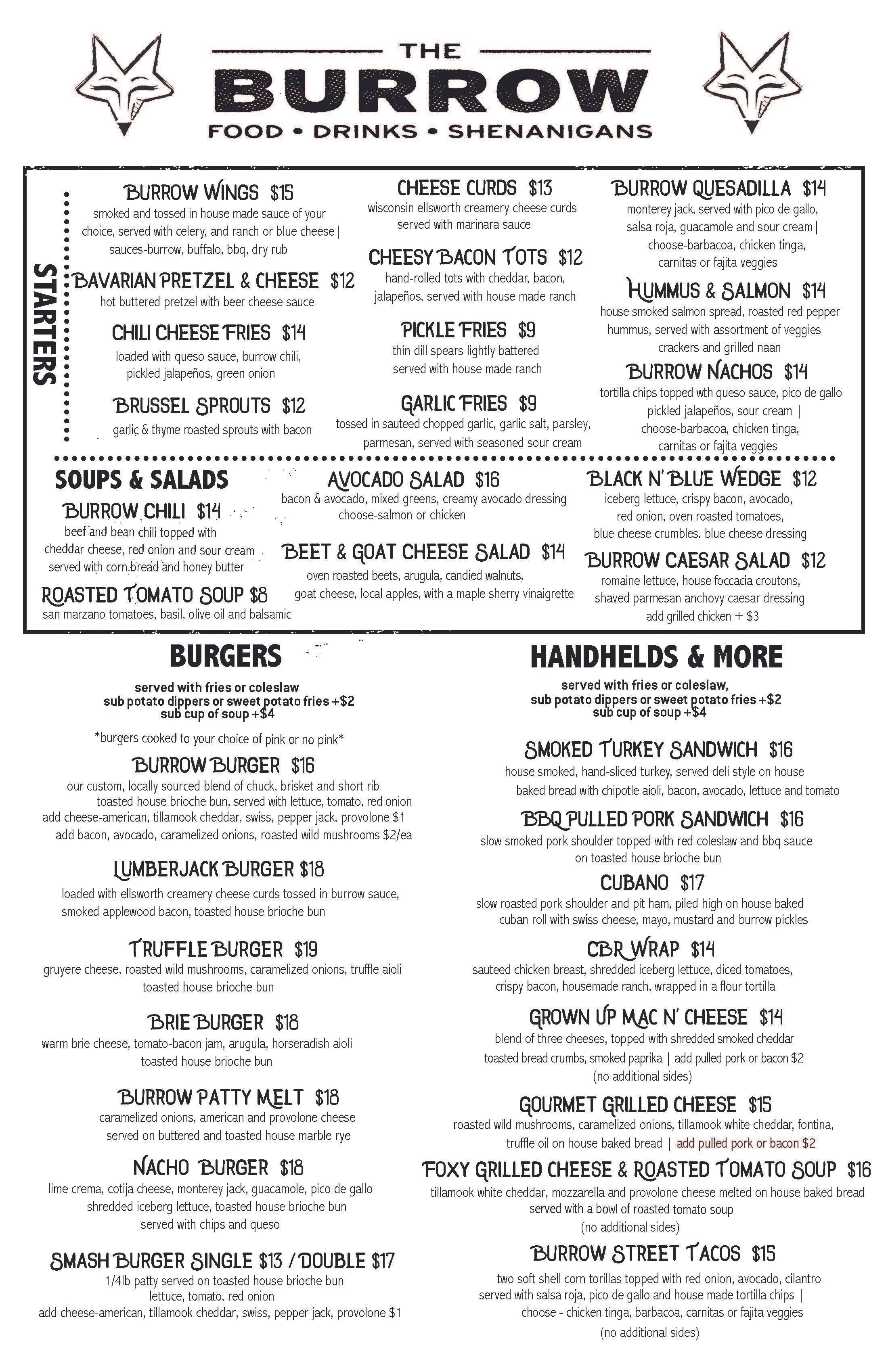 Menu - Oakdale — The Burrow | MN Axe Throwing, Food, Drinks & Shenanigans
