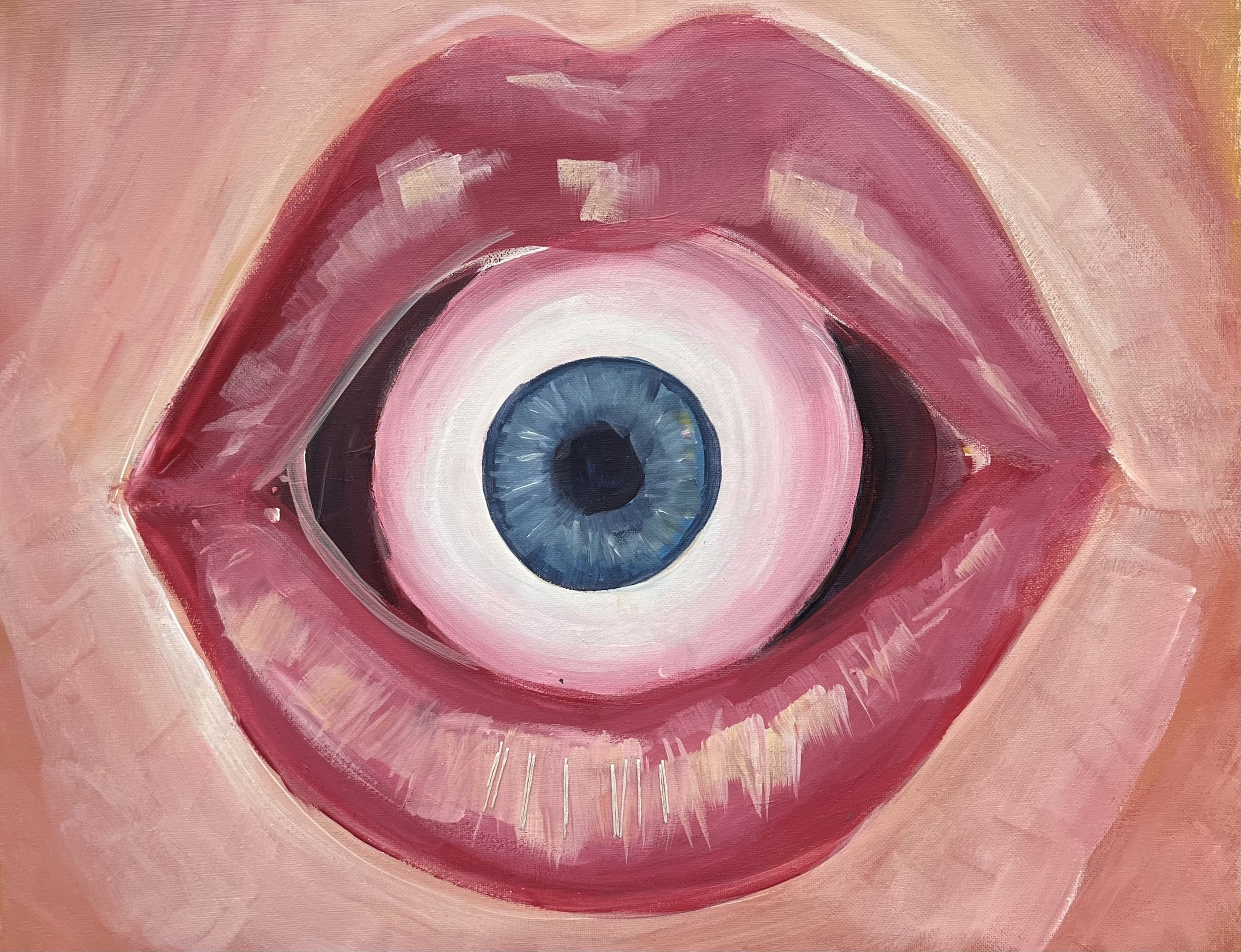 "Eye See You" Acrylic Paint on Canvas and Embroidery Thread, 18"x20", 2022