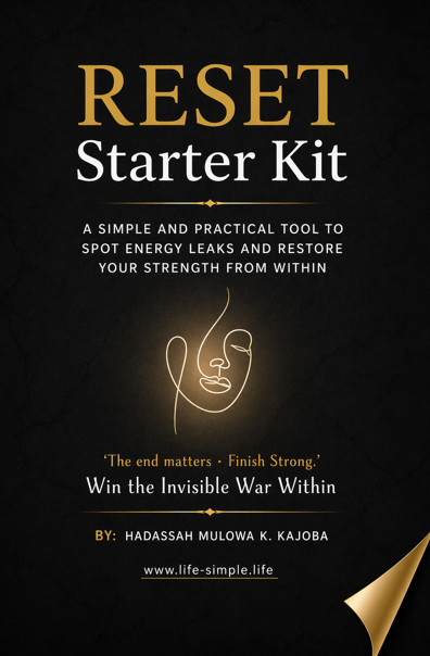 Book cover titled "RESET Starter Kit" by Hadassah Mulowa K. Kajoba, with a black background, gold and white text, and a minimal line drawing of a person's face.