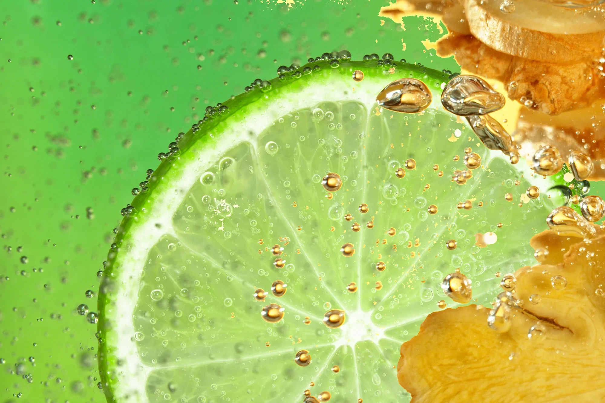 Lime and Ginger Closeup with Sparkling Bubbles