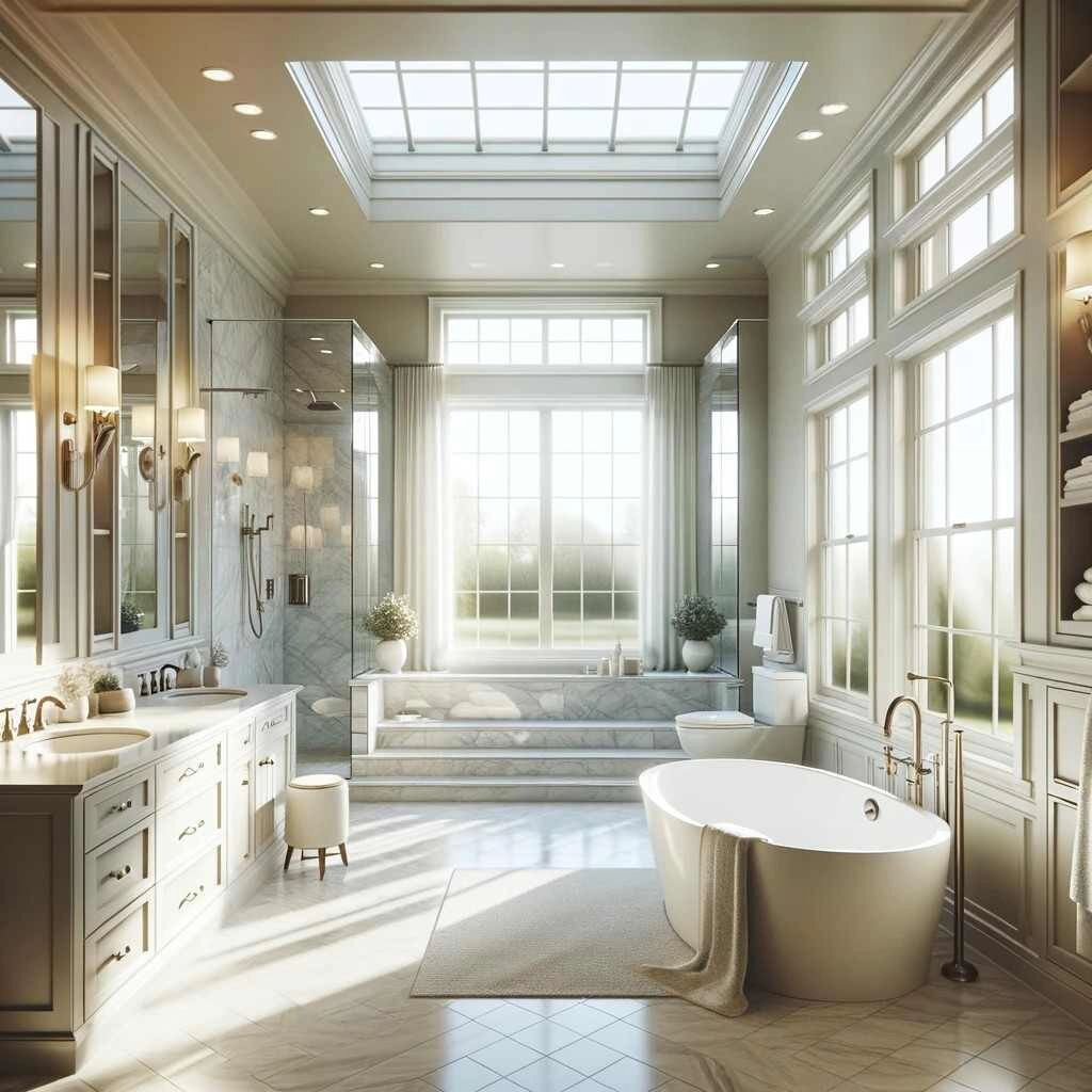 Day 12 of my #AIinteriorinspo challenge! Let's all pick our chin off the floor real quick and look a little closer because today I'm throwing in a Friday #aifail for you lol. ⁠
It looks like a perfect dreamy bathroom, but look at the back steps, wher