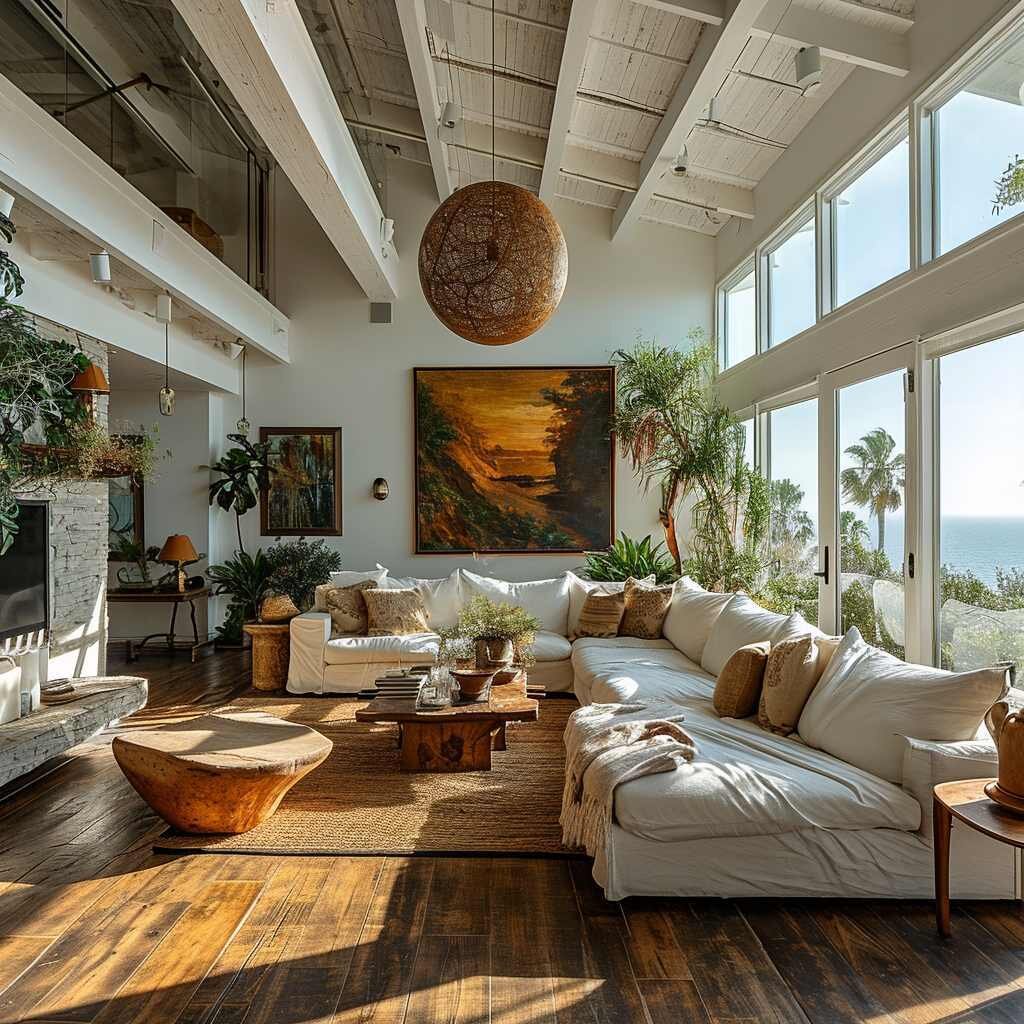 Day 13 of my #Aiinteriorinspo challenge. Today I'm feeling some casual, boho-coastal-inspired vibes. What do you think? ⁠
Those ceilings and the overall light and airy decor is such a chill setting to just relax with the ocean out your window. I need