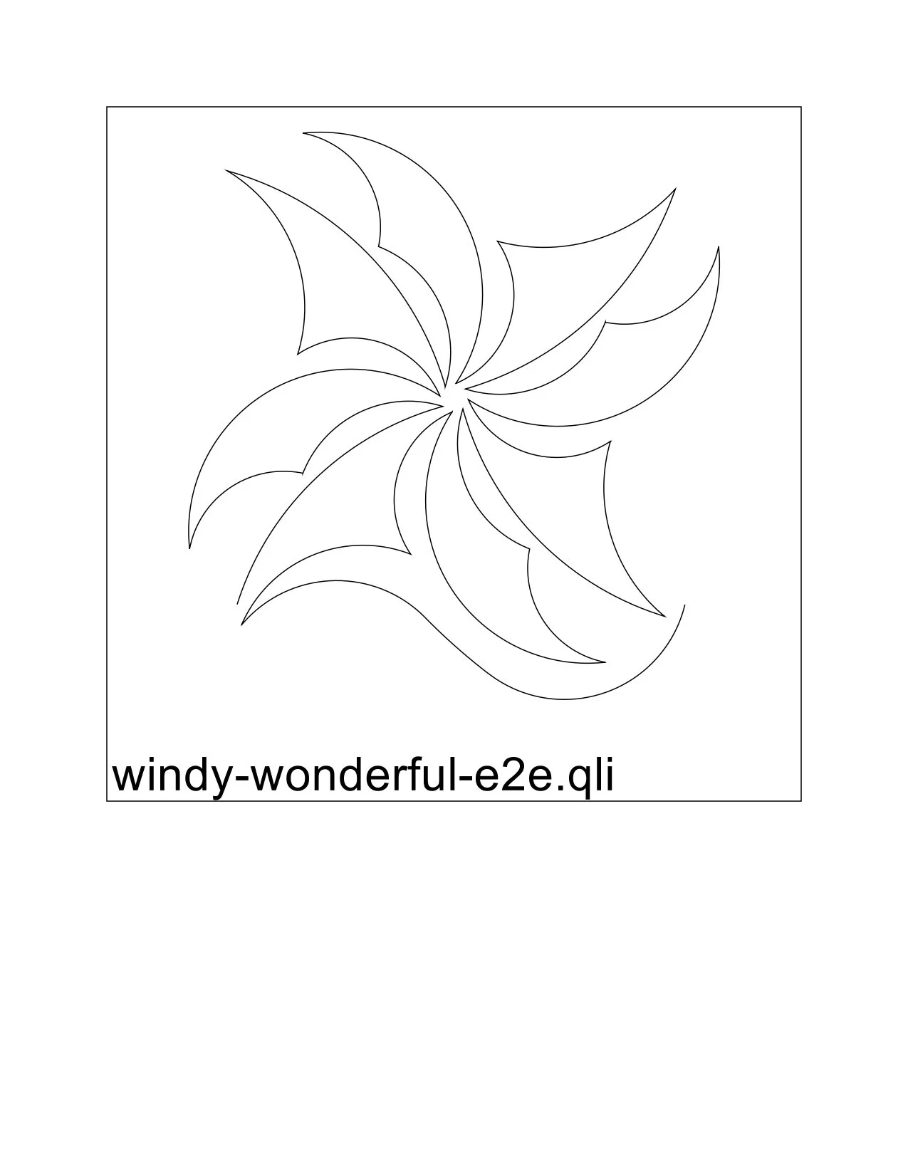 A black and white coloring page of a swirling wind-inspired spiral with pointed, jagged edges, resembling a gust of wind or a vortex, with a file name "windy-wonderful-e2e.qli" at the bottom.