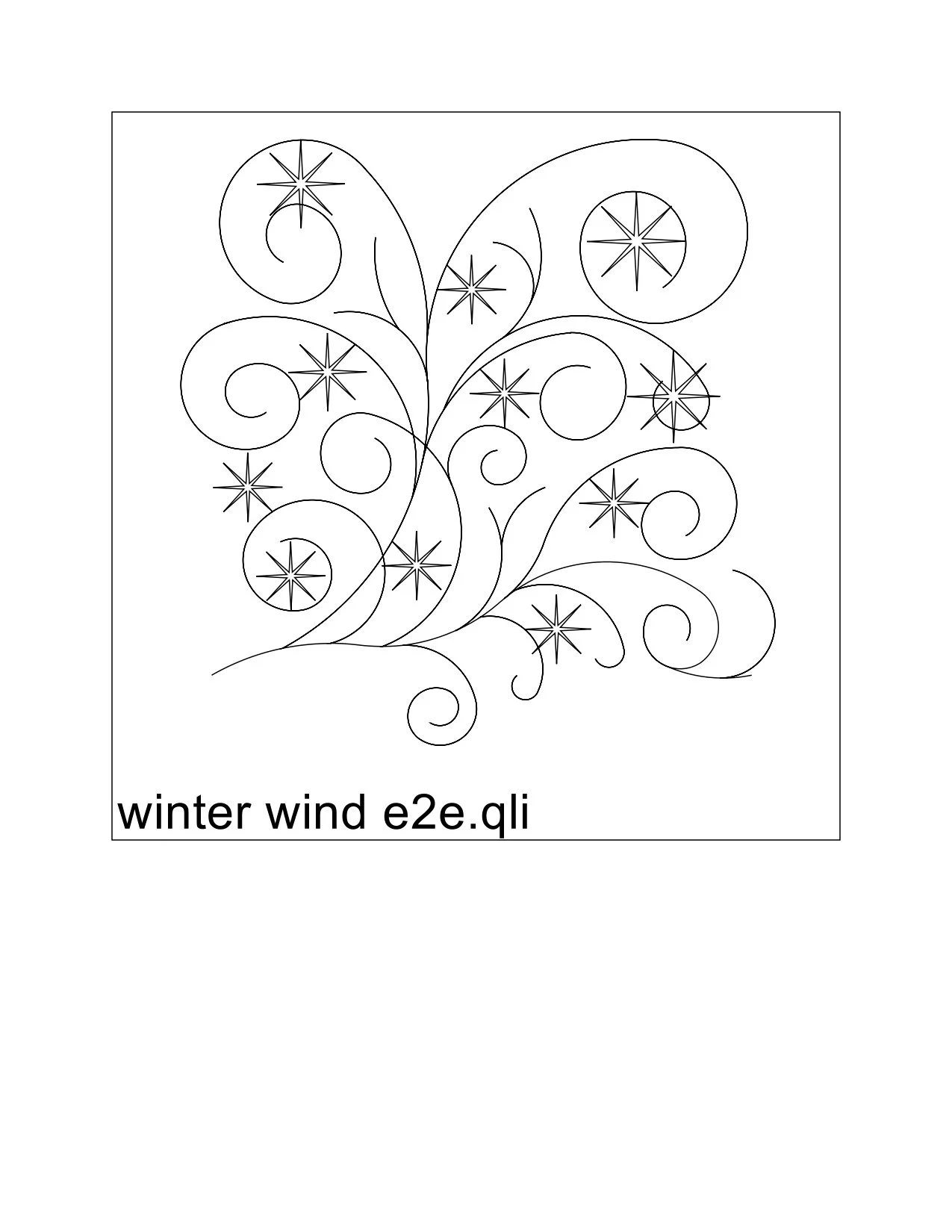 Coloring page titled 'winter wind e2e.qli' featuring swirling winter wind design with star-like snowflakes.