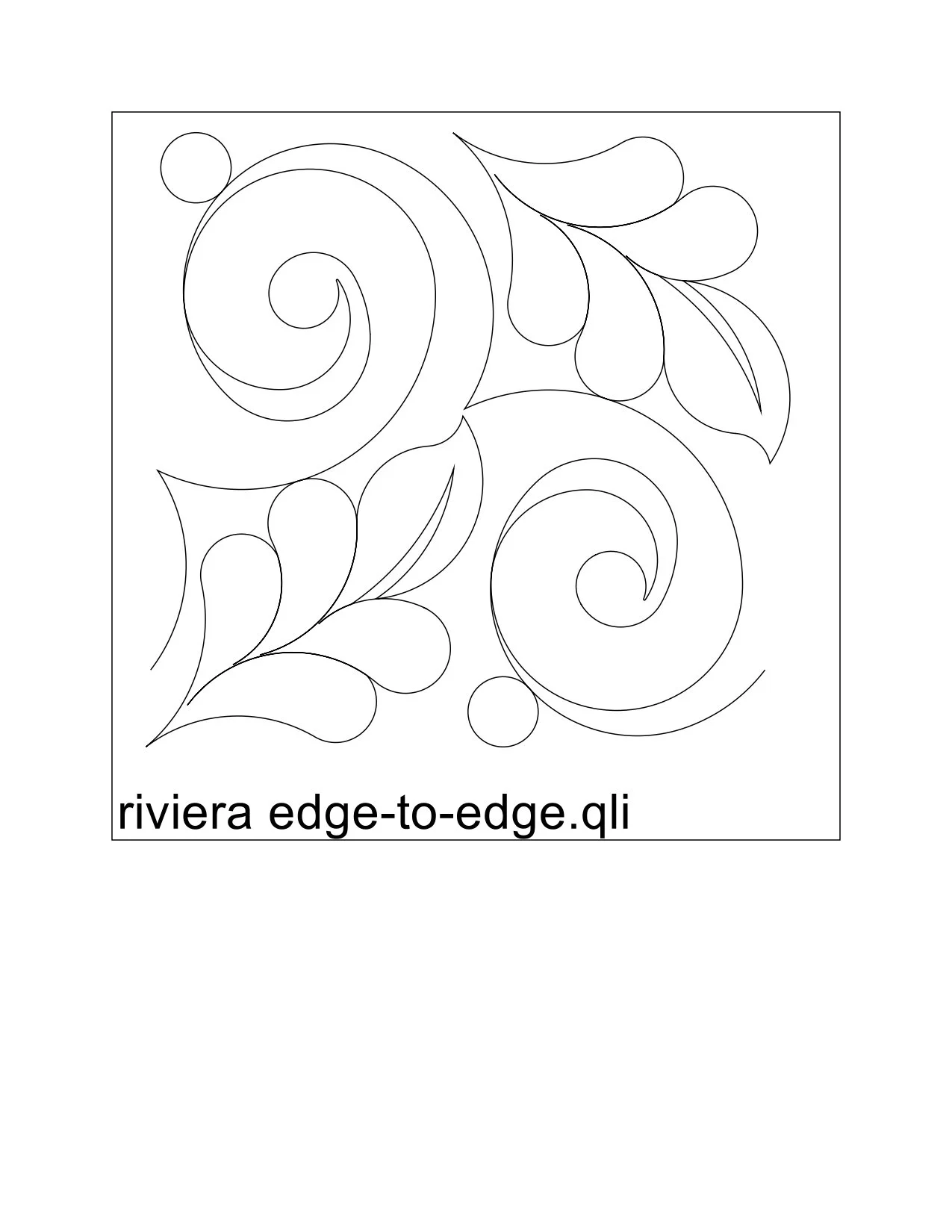 Line drawing of swirling floral patterns with leaves, titled "riviera edge-to-edge.qli" at the bottom.