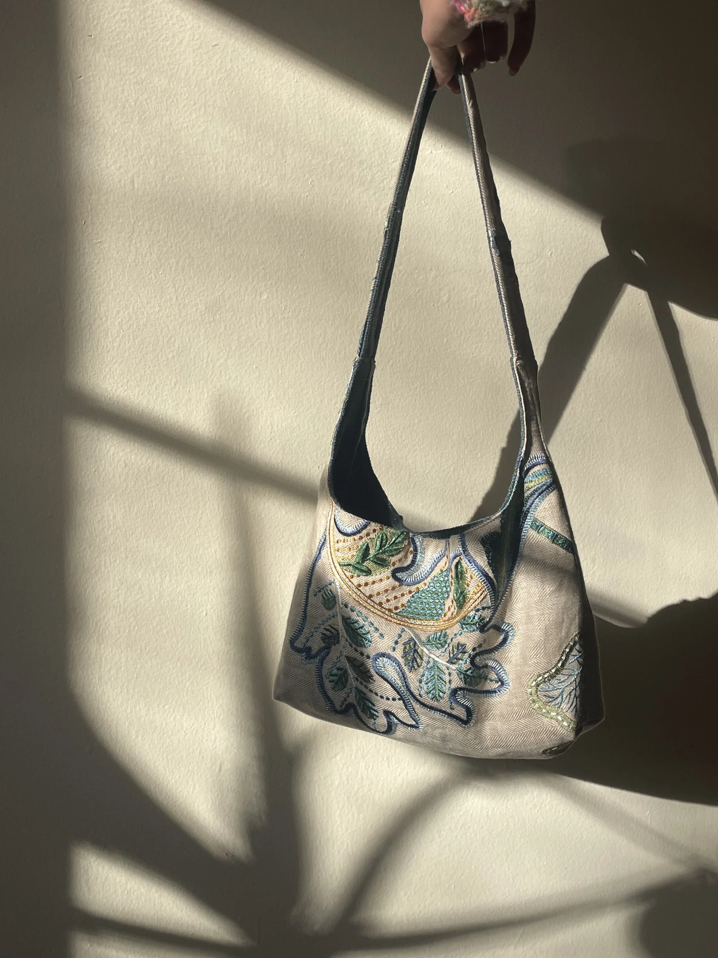 Upcycled Shoulder Bag - Tan/Blue Embroidered