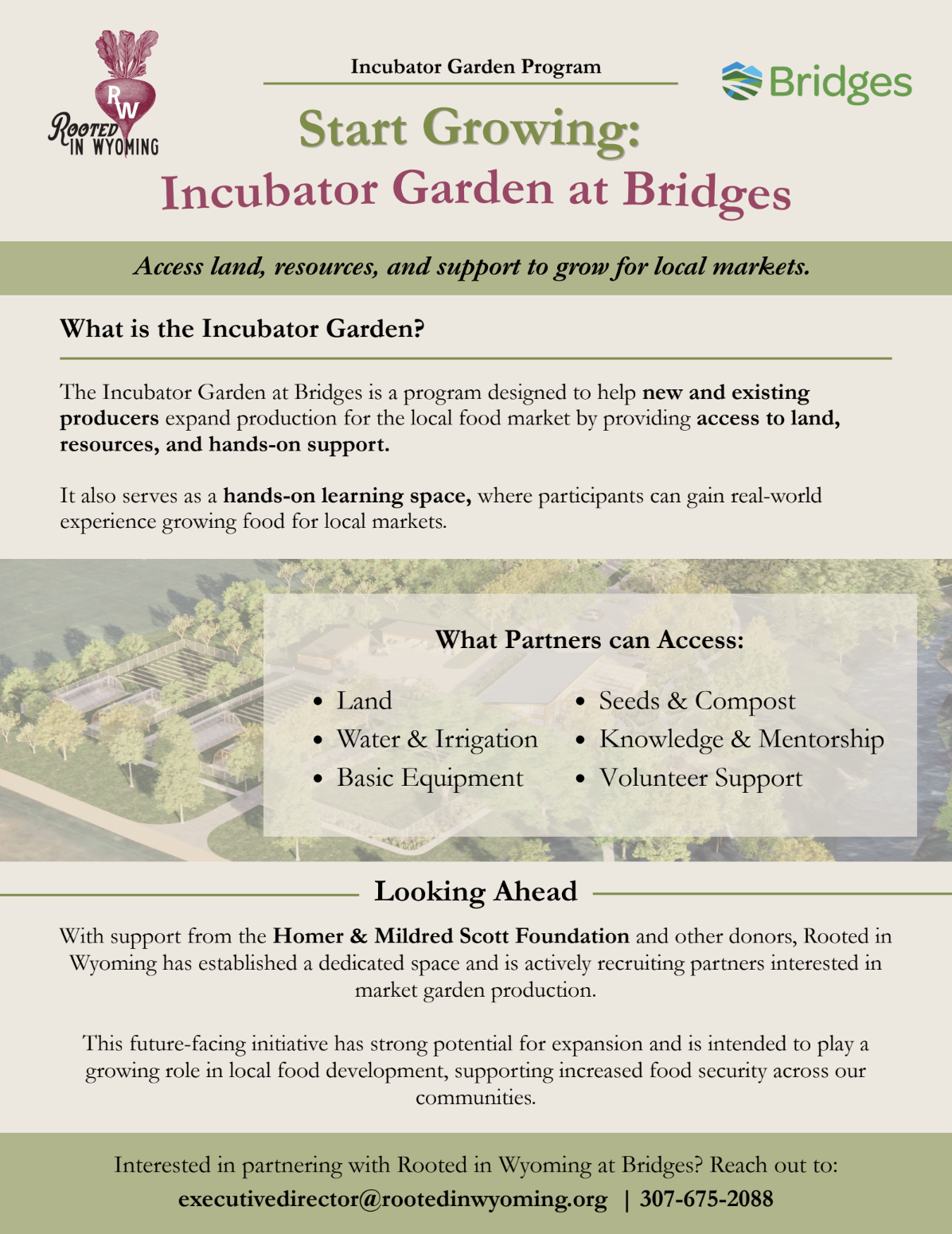 Informational handout for the Incubator Garden at Bridges program, detailing land access and resources for local food producers.