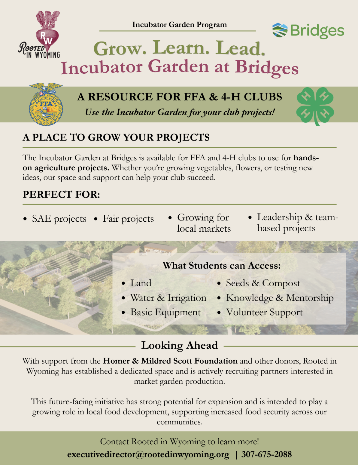 Promotional flyer for the Incubator Garden at Bridges, highlighting agricultural opportunities for FFA and 4-H club projects.