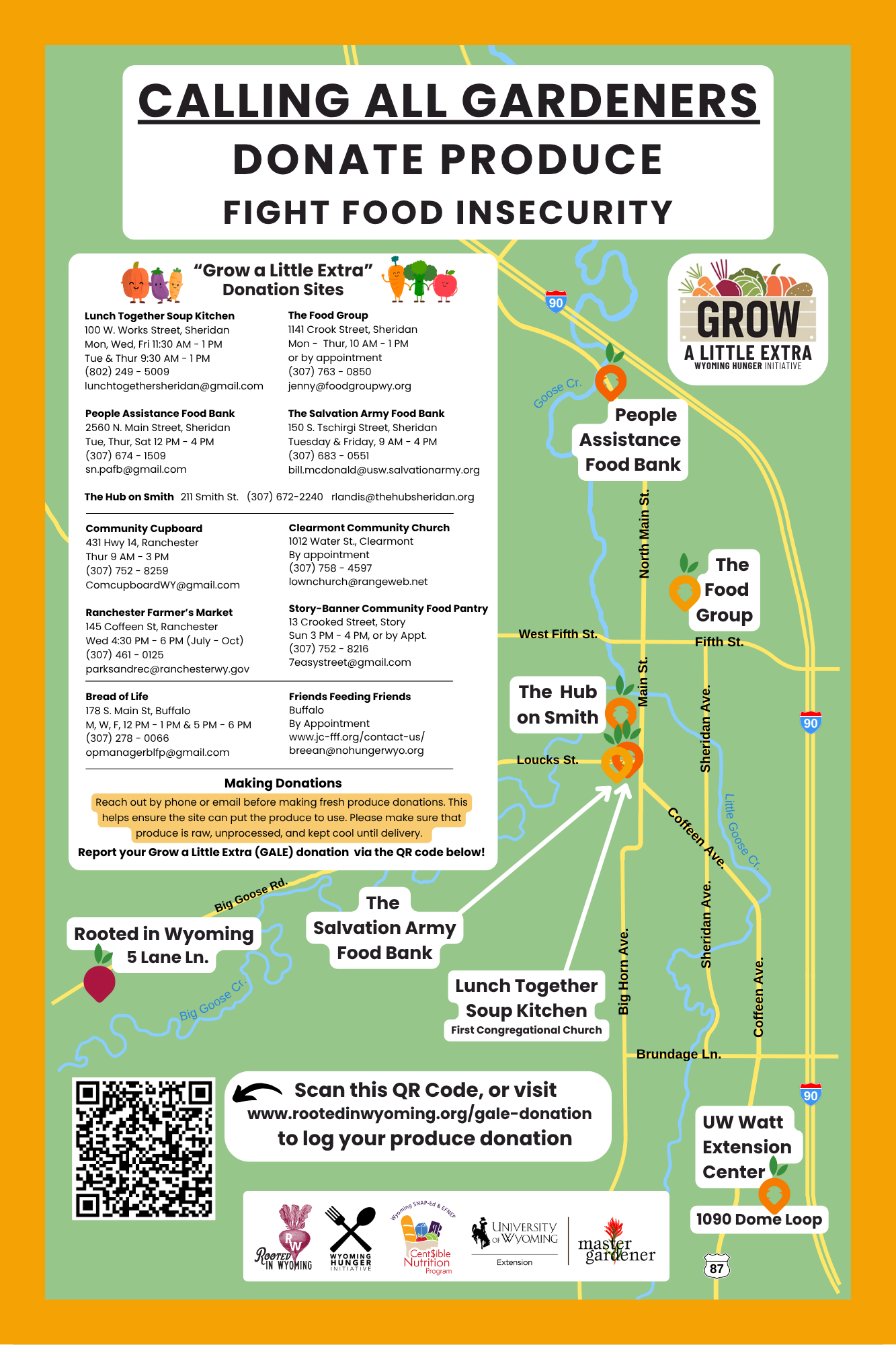 Map of homegrown produce donation locations with the Grow A Little Extra program designed by Rooted in Wyoming