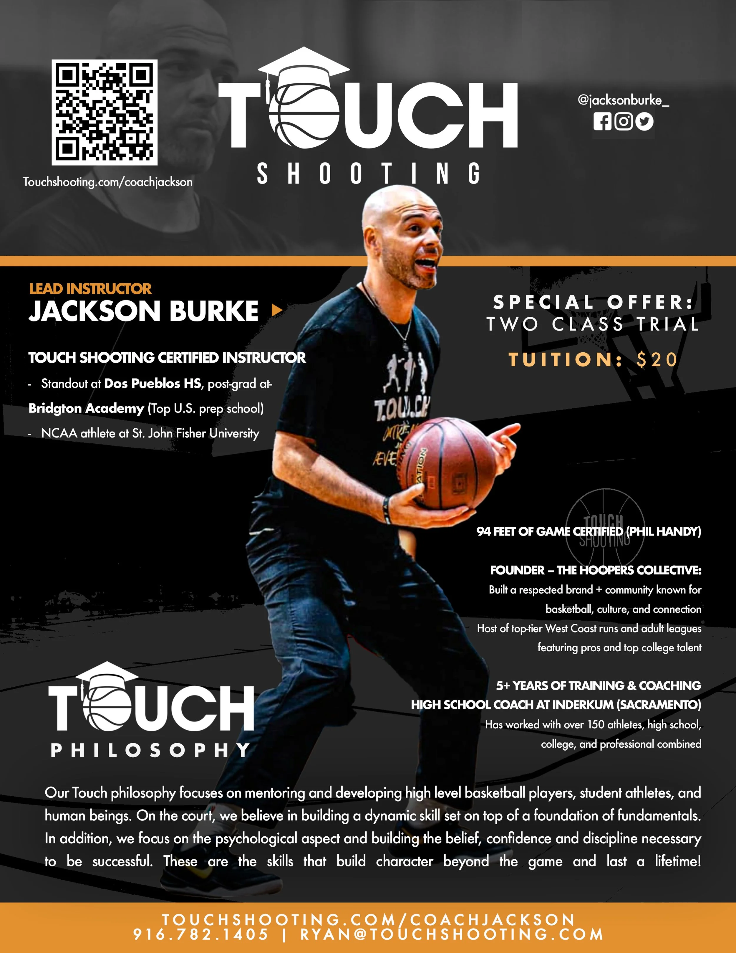 A promotional flyer for Touch Shooting featuring a basketball player holding a basketball, with details about coaching sessions led by Jackson Burke, along with contact information, social media icons, and a QR code.