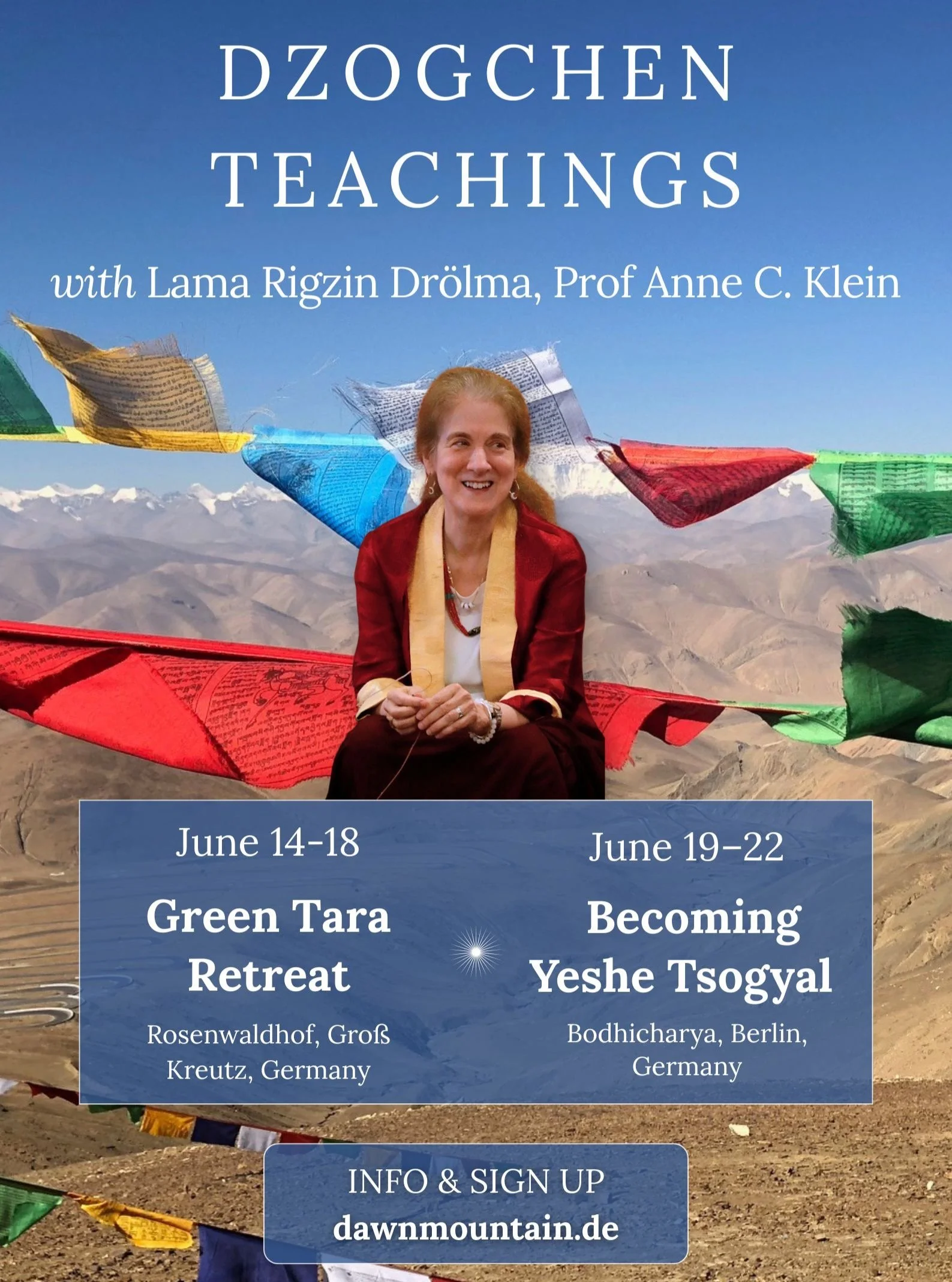 In June I&rsquo;ll be helping host two meditation retreats in Germany with Lama Rigzin Dr&ouml;lma (Prof. Anne C. Klein), a longtime Dzogchen teacher, scholar, and founder of Dawn Mountain. 🌸 
The first is a Green Tara Retreat (June 14&ndash;18 at R
