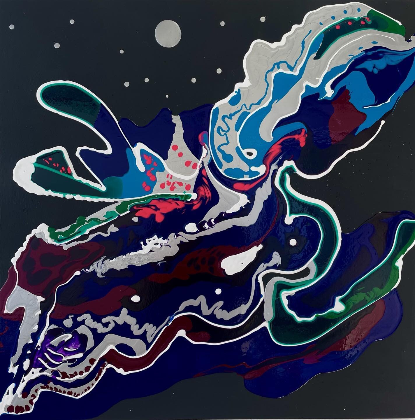 She Flies at Night, inspired by the Grand River and all the beautiful fliers that seem to emerge in the warm nights of July.  She comes out of the river under the cover of darkness.  #grandriver #ferguselora #janicethomsonart #contemporaryart #contem