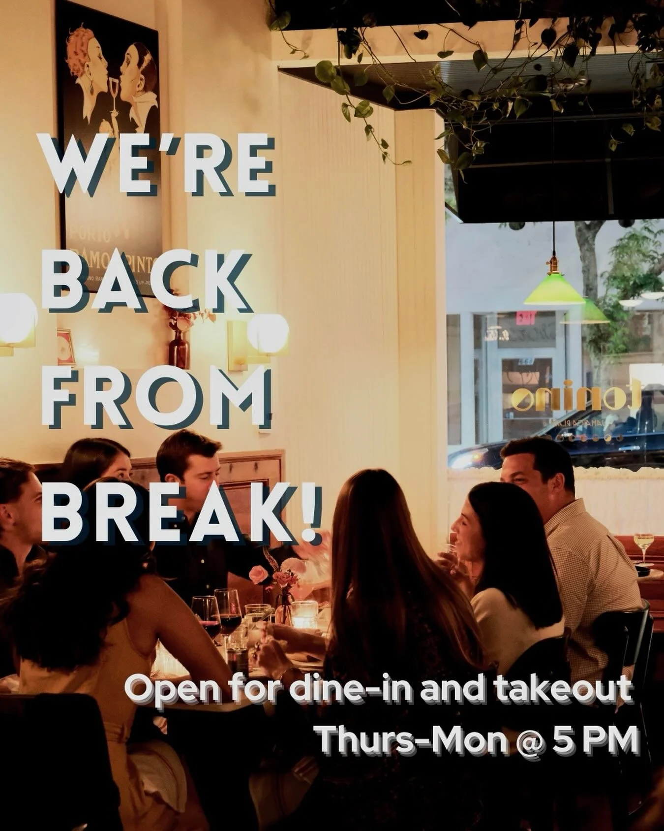 We missed you! Doors re-open Thursday 2/5 @ 5 PM &mdash; cozy vibes and good bites await 🍝🥂