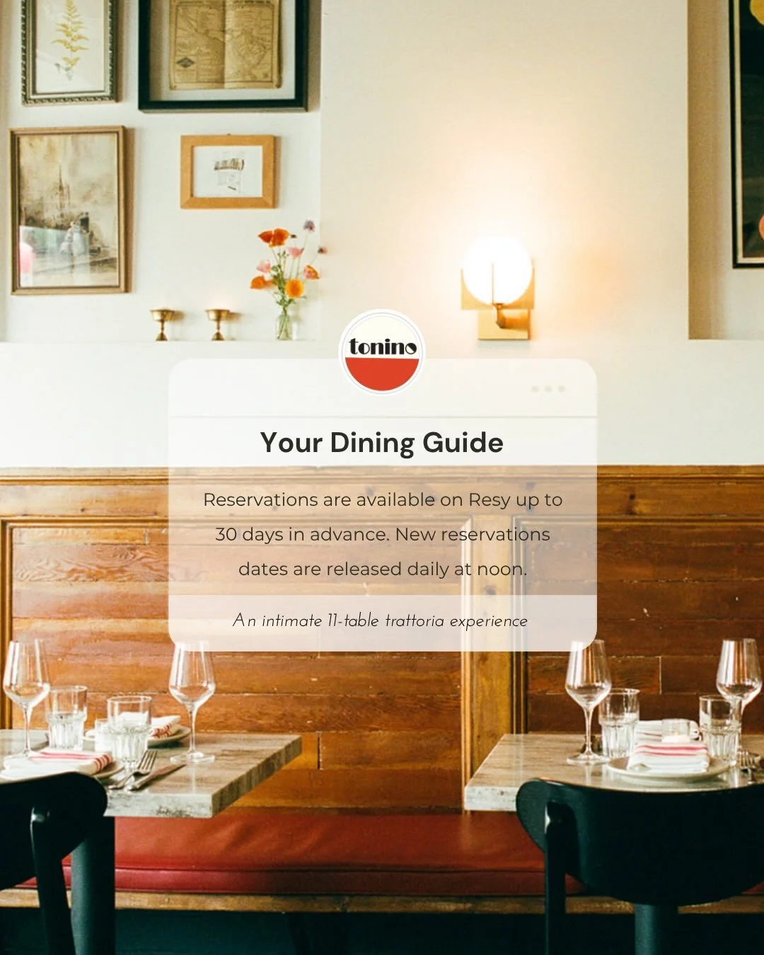 Ciao famiglia! Whether you&rsquo;re a regular or new to our cozy Jamaica Plain trattoria, here&rsquo;s your guide to dining at Tonino. You&rsquo;ll find information about reservations, waitlists, large parties, and takeout. For more details, visit us