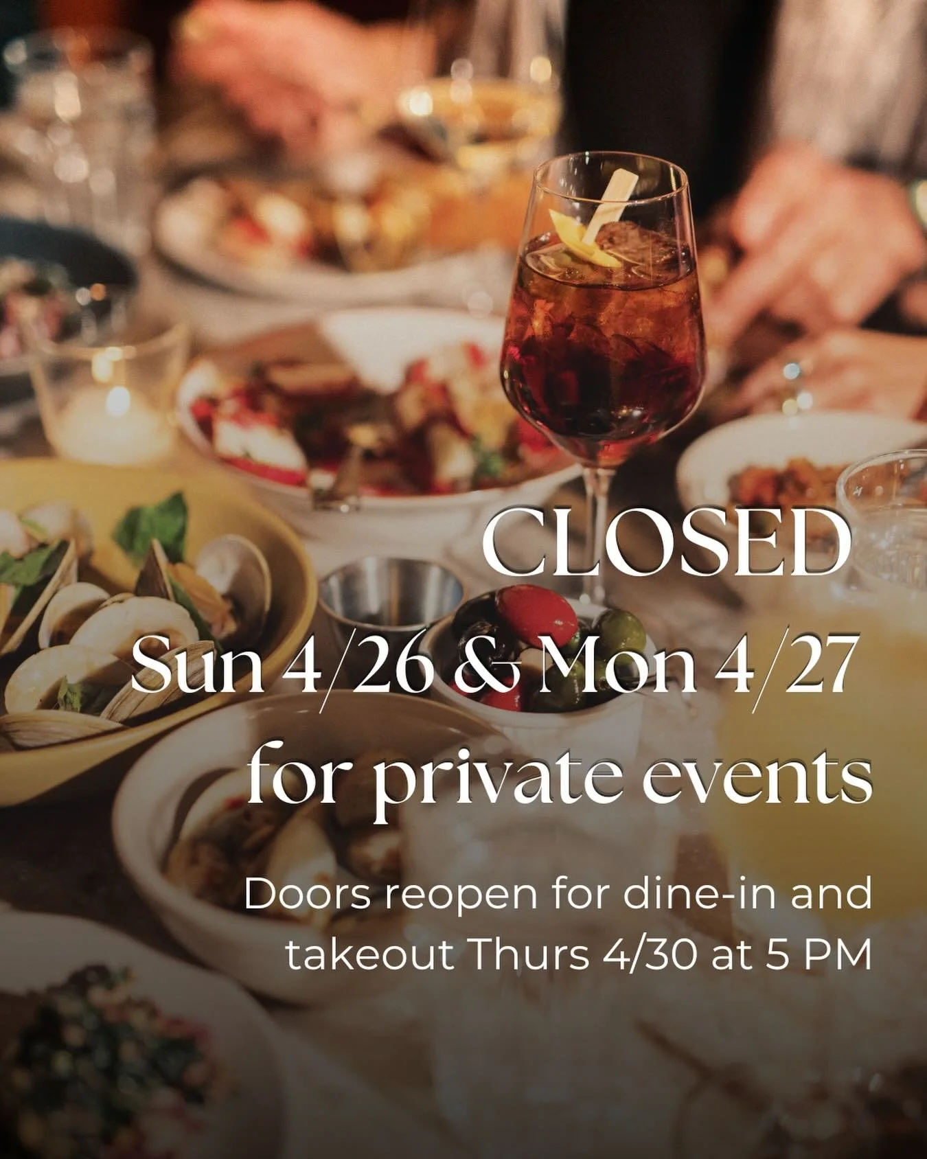 Closed this Sun 4/26 &amp; Mon 4/27 for evening private events 🥂 Back to regularly scheduled dinner service Thurs 4/30 at 5 PM! (Open this evening, Saturday 4/25!)

📸 @ggabriella 
.
.
.
.
[ID: A candlelit table at Tonino set for a private dinner, w