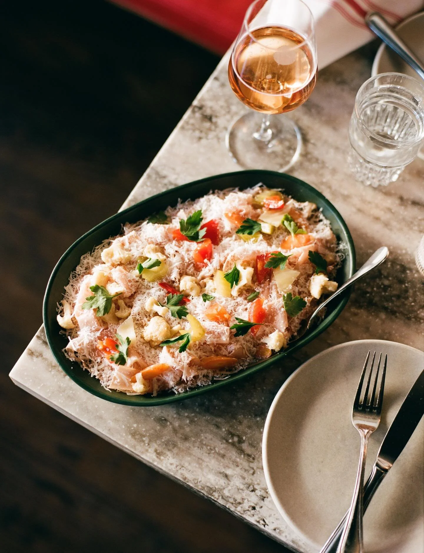 mortadella is a must, sharing is optional 🤭
served with house pickles &amp; pecorino. a delicious pairing with pizza bianca and a crisp glass of white or ros&eacute;🥂

📸 @ggabriella 
🥣 @myrthceramics Oval Serving Platter
.
.
.
.
[ID: An oval gree