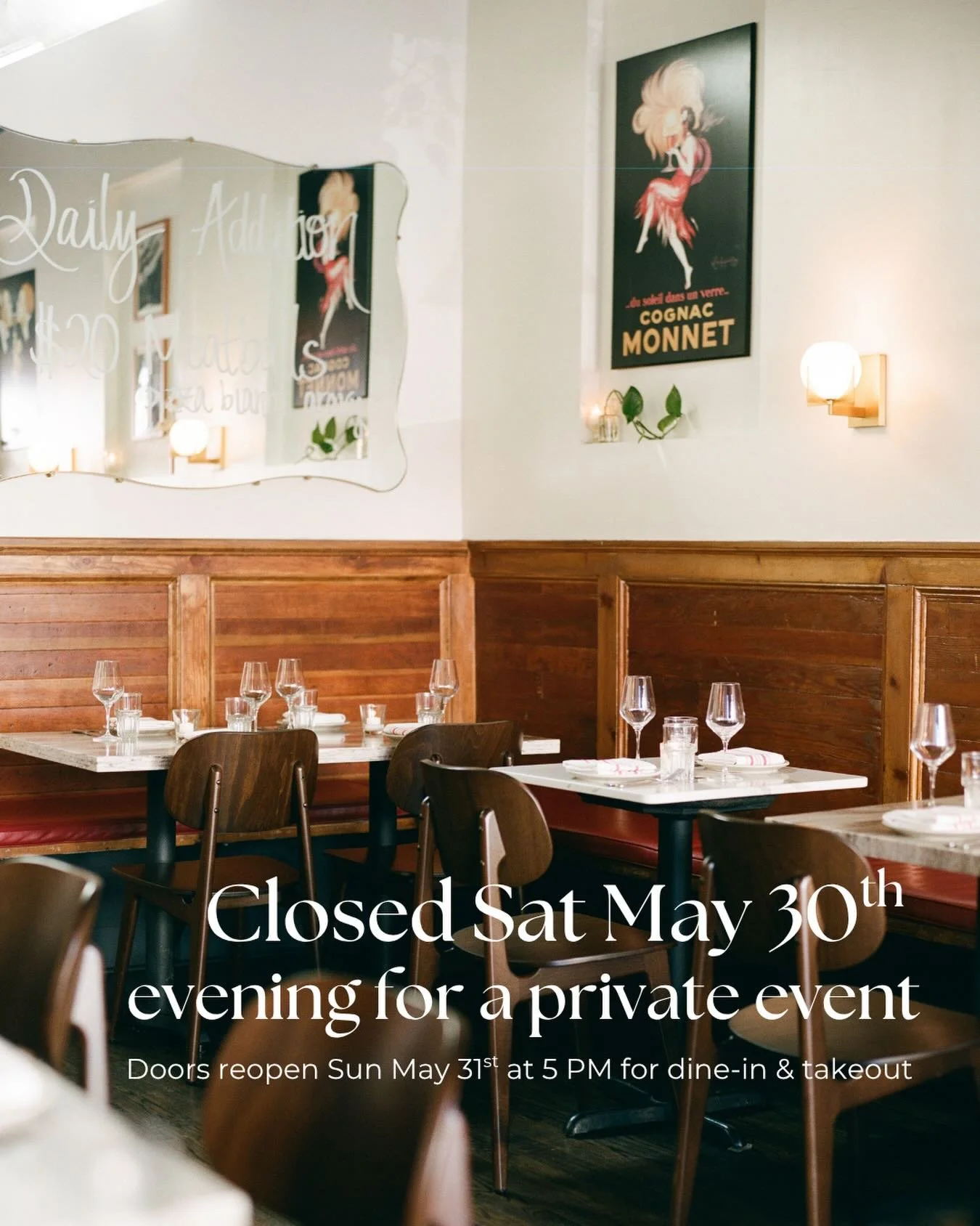 Closed Sat May 30th evening for a private event🥂We will be open during the day for our final May lunch series🌷(reservations required). Doors reopen for regular dinner service Sun May 31st at 5 PM.

📸 @ggabriella
