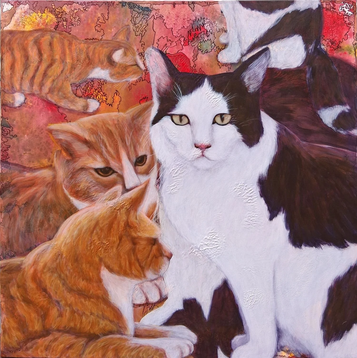 "Gossip," 2026, Sharpie & acrylic on canvas, 30x30 inches