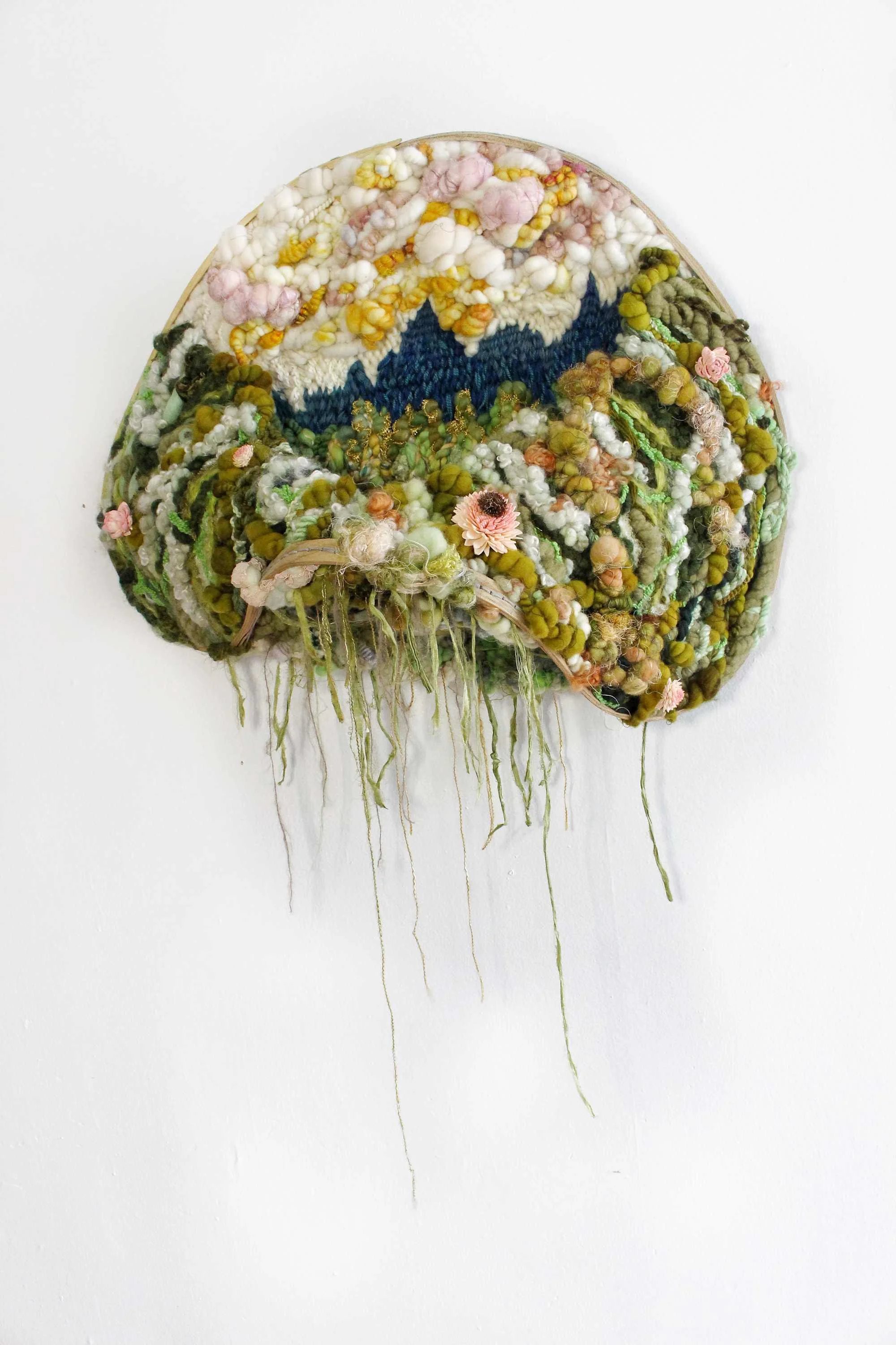 "Valleys Within," 22 x 30 x 13 inches, Hand-bent wood frame, eco-printed fabric, wool, cotton, silk, 2024
