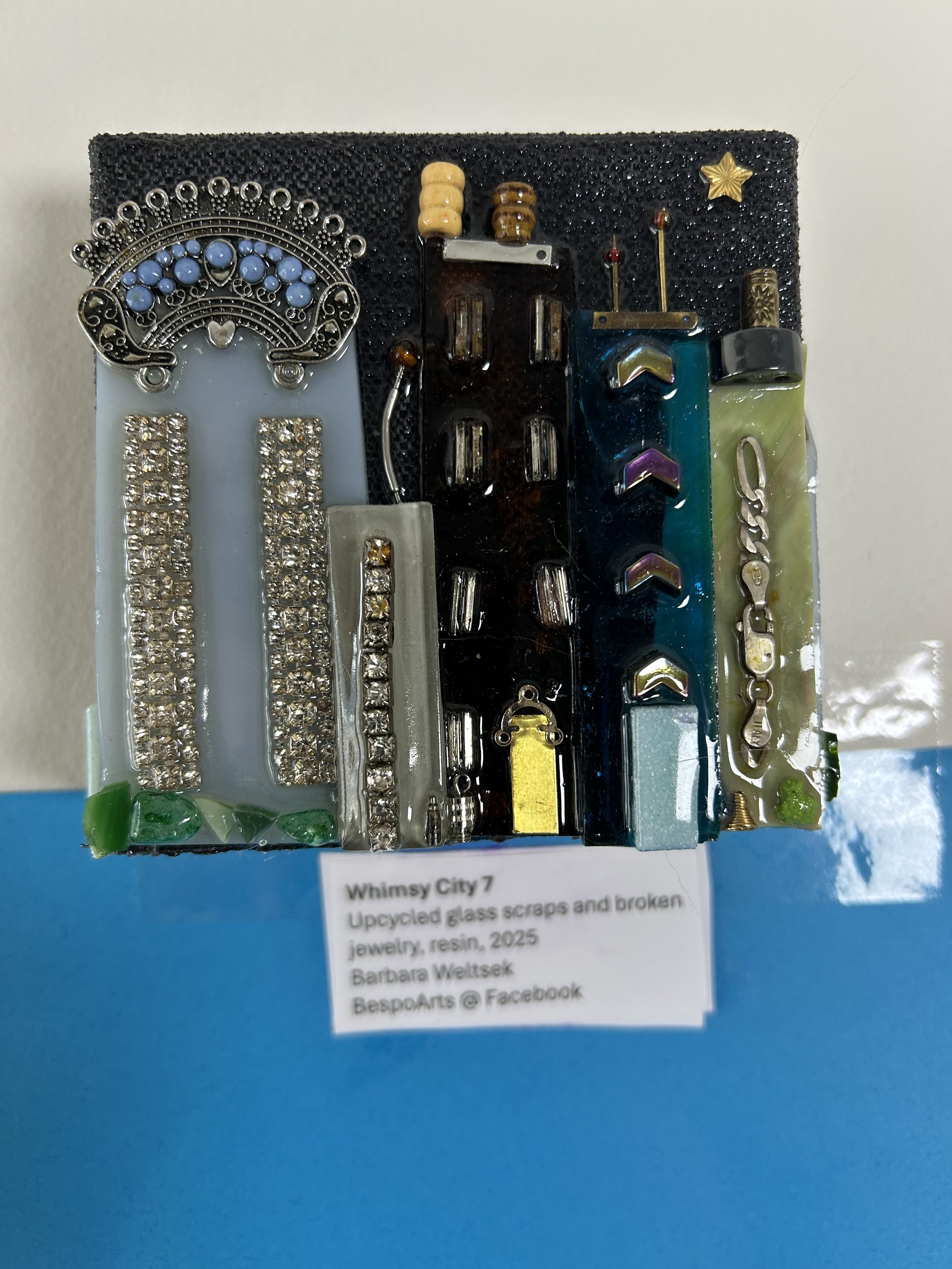 Whimsy City 7 /
Upcycled glass scraps and broken jewelry, resin, 2025