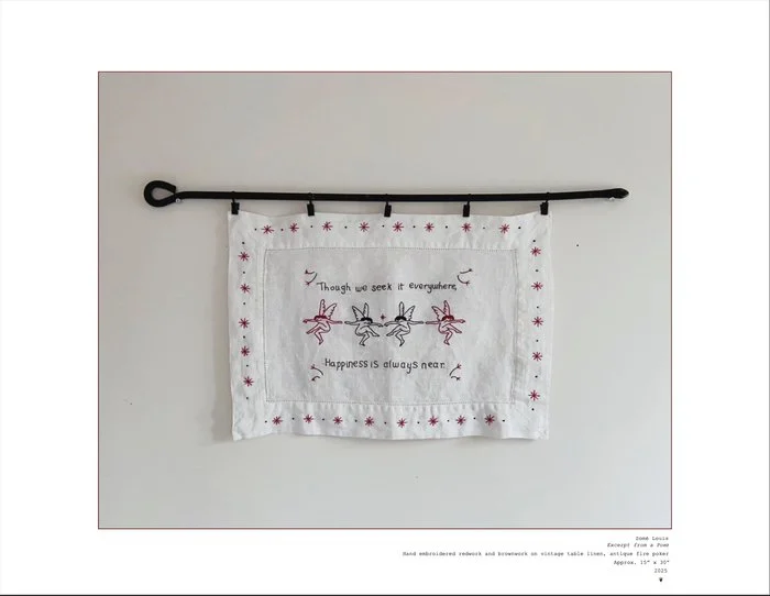 Some Lewis, "Excert from a Poem", 15x30 inches, hand embroidered redwork and brownwork on vintage linen