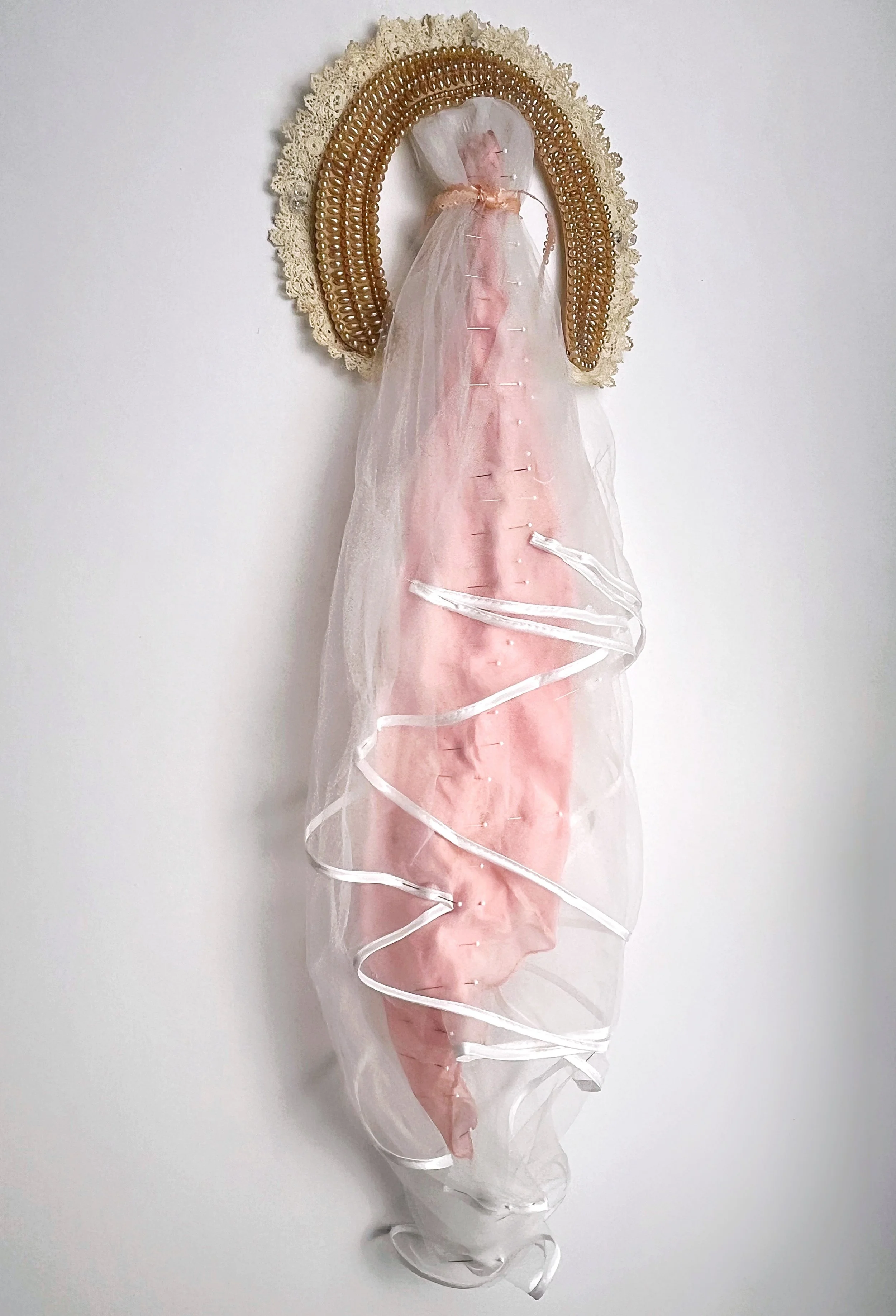 "I WillI WILL WEAR THE CROWN", Vintage beaded, pearl collar, pink silk handkerchief, pearl straight pins , veil. 31 X 9 X 3 inches