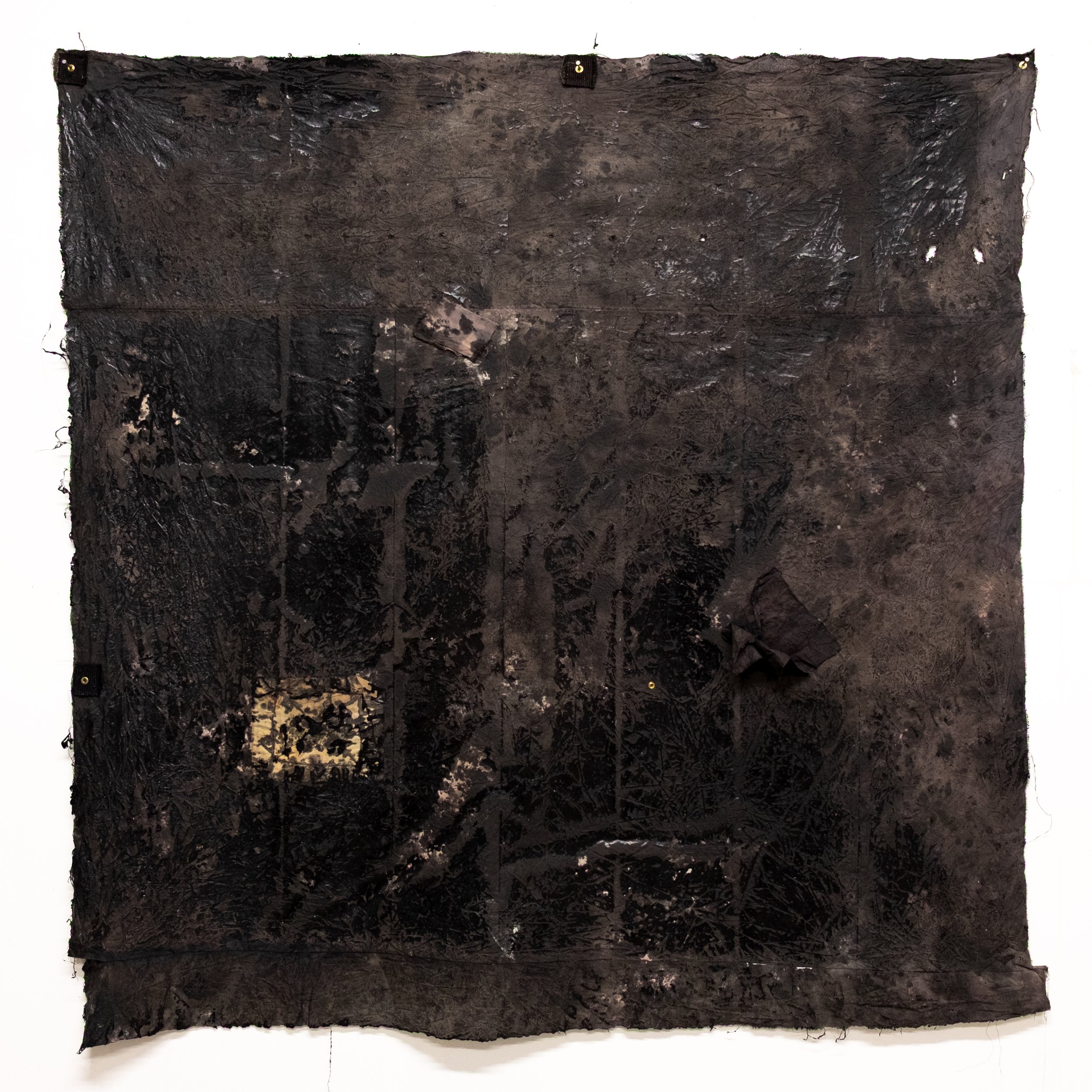 miseria
2026
Mixed media on sewn cloth with grommets and nails
Approx. 63 x 63 inches