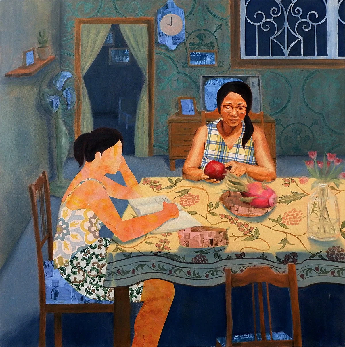 Late Night / Oil, linoleum print, collage, laser-cut on canvas / 36” x 36” / 2025
