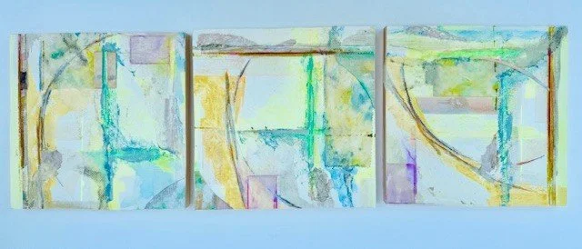 "Tumbling Trio," Mixed Media on wood panels 30” x 10” x 1”