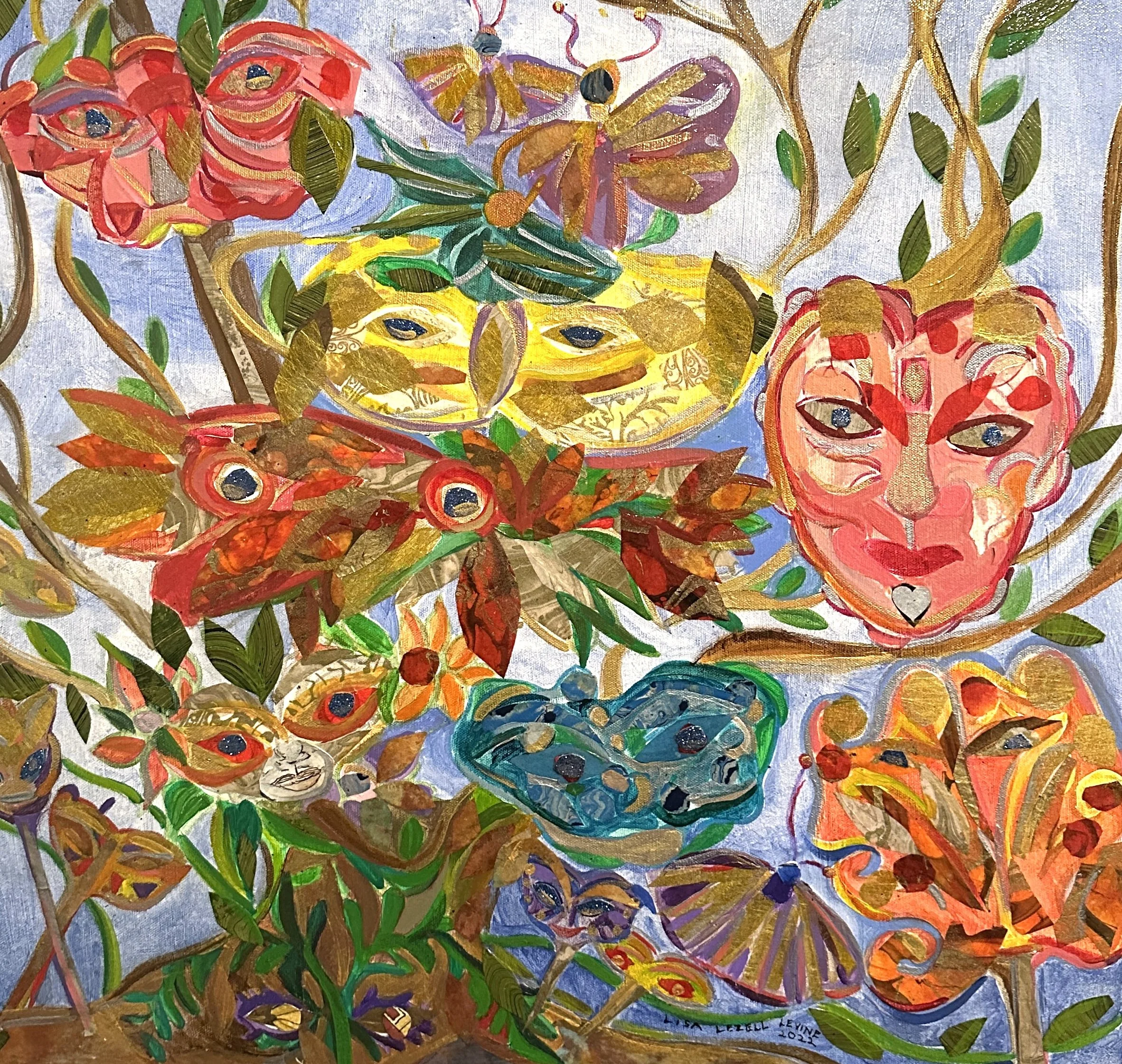 "Vibrant Masks", Acrylic and Collage, 24 X 24 inches