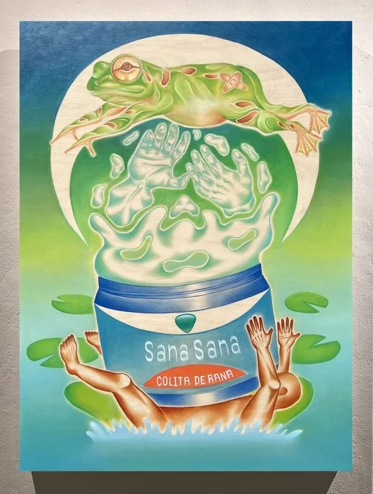 Oscar Campos-Valle, "Sana Sana Colita De Rana", 40x20 inches, oil and wood
burning on panel 