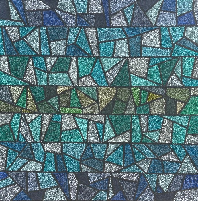 Susan Bockman, "Pieces in Blue and Green", 21x21 inches, acrylic on canvas
