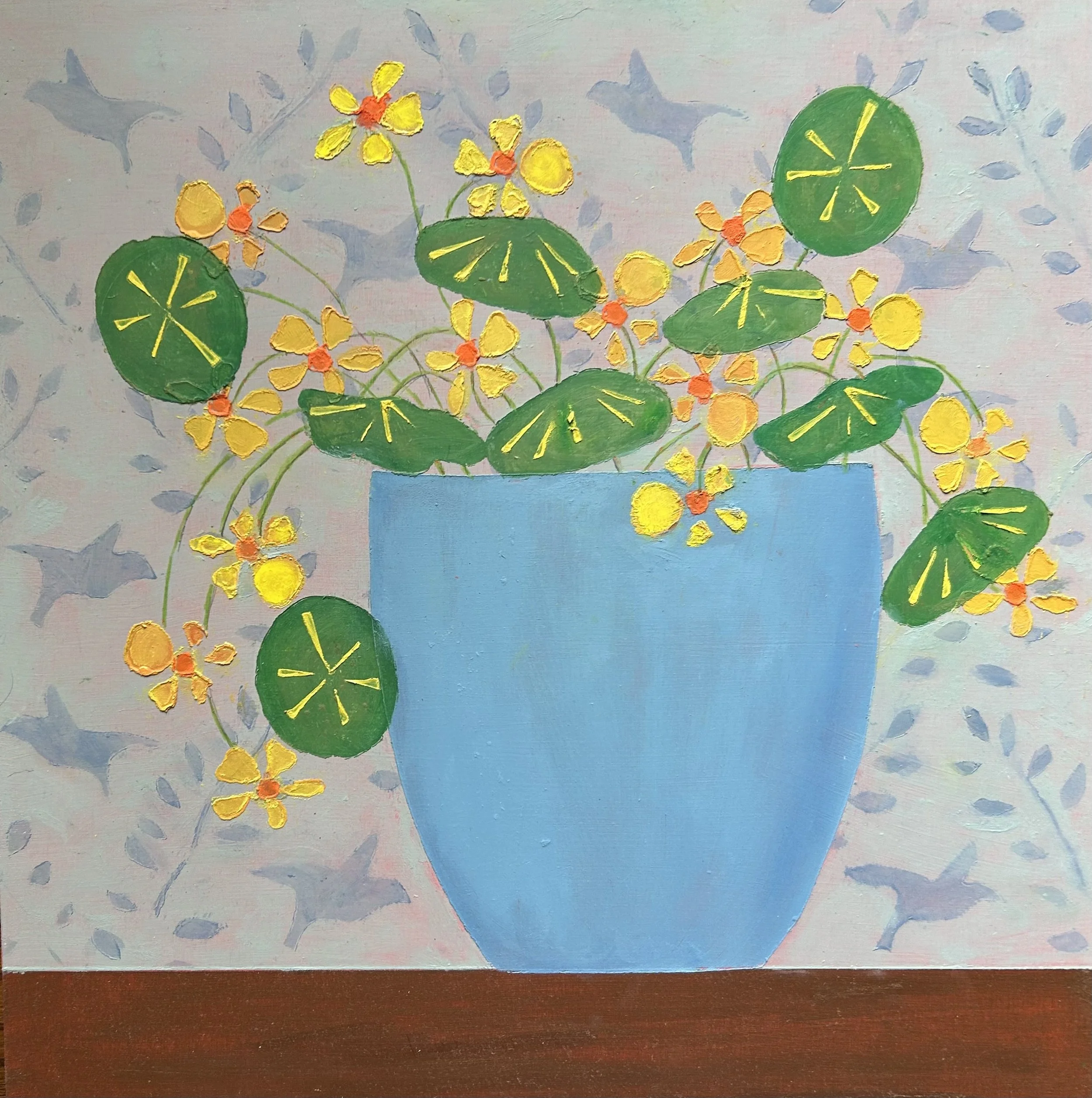 "Nasturtiums", Paintstick and pencil on cradled board, 12” x 12” x 1.5”