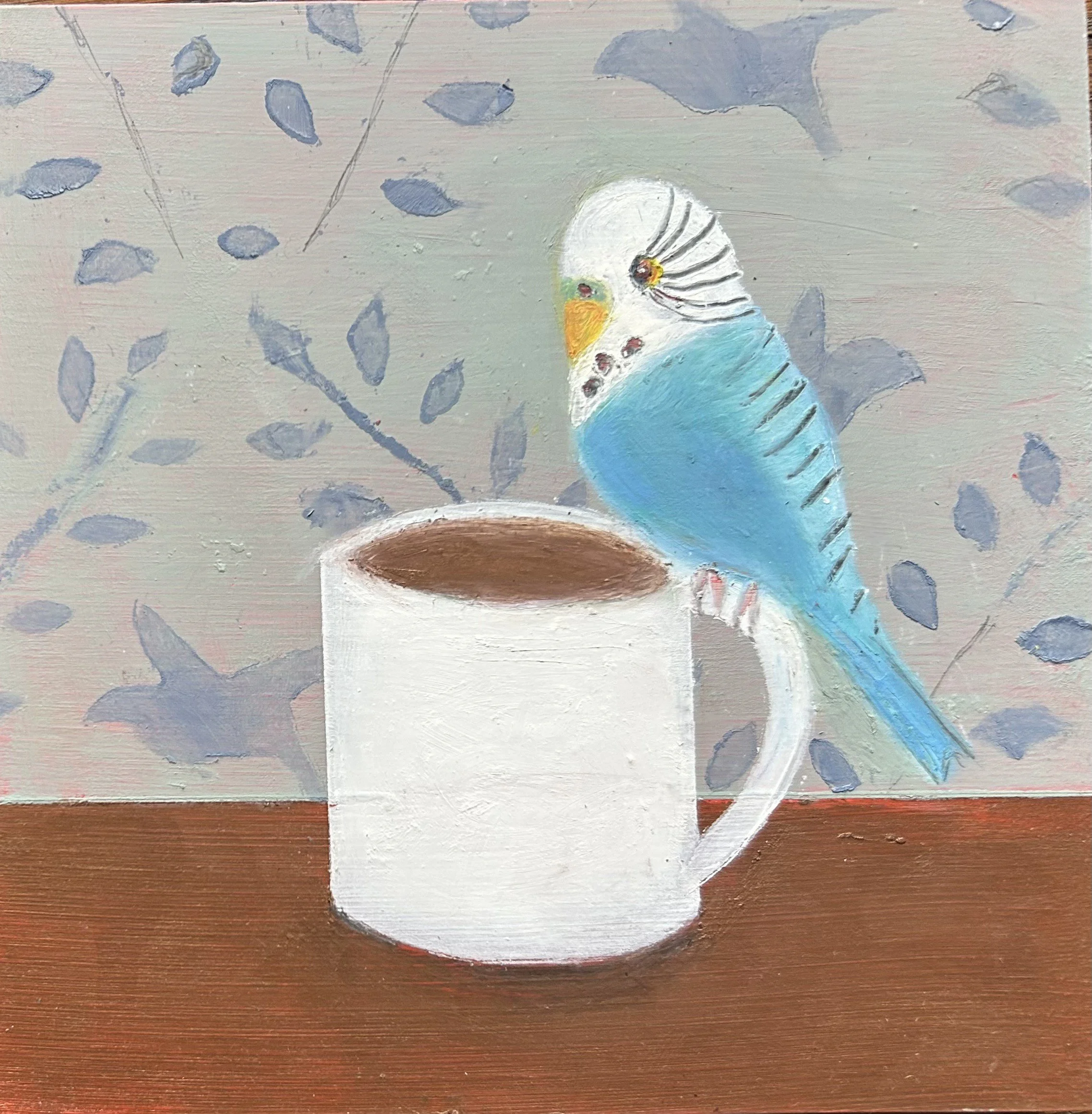 "Budgie and Coffee", Paintstick and pencil on cradled board, 6” x 6” x 7/8”