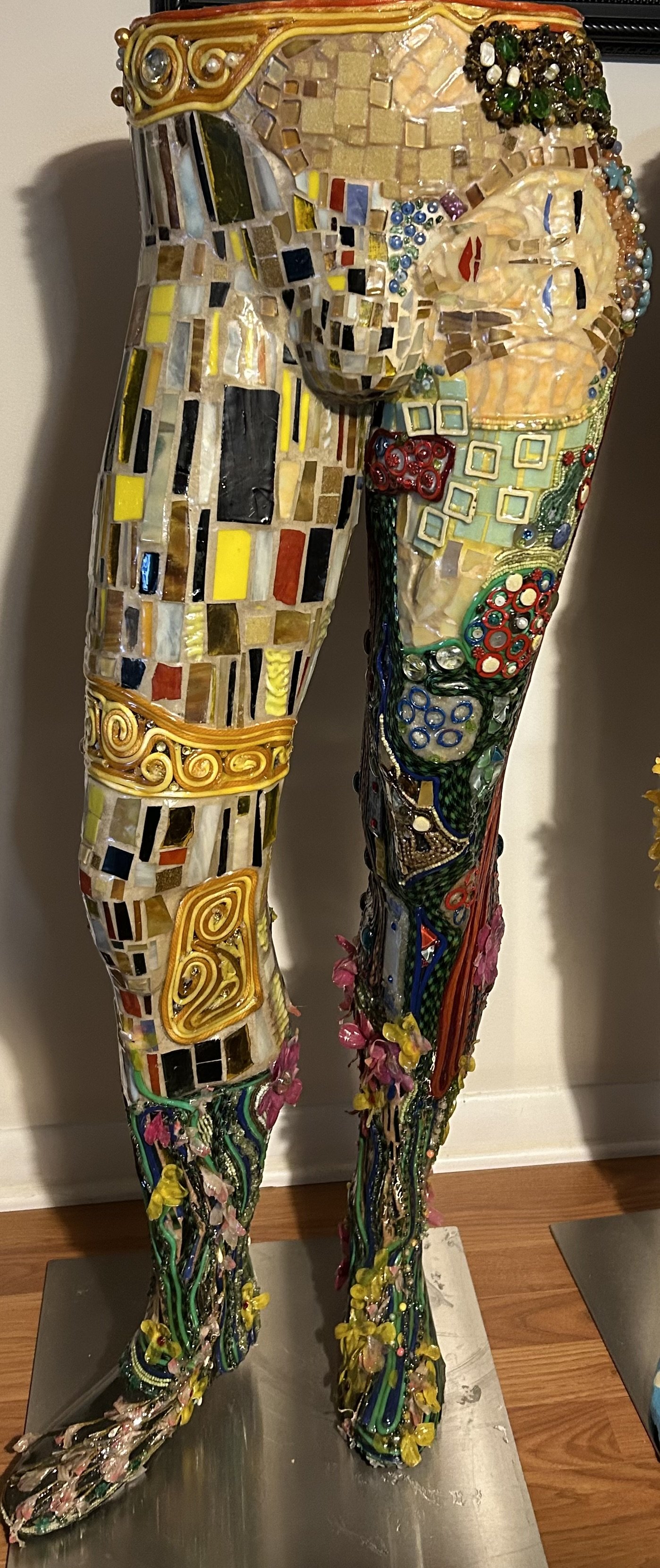 Barbara Weltsek, "Homage to Klimt", Upcycled multi-media on male mannequin legs