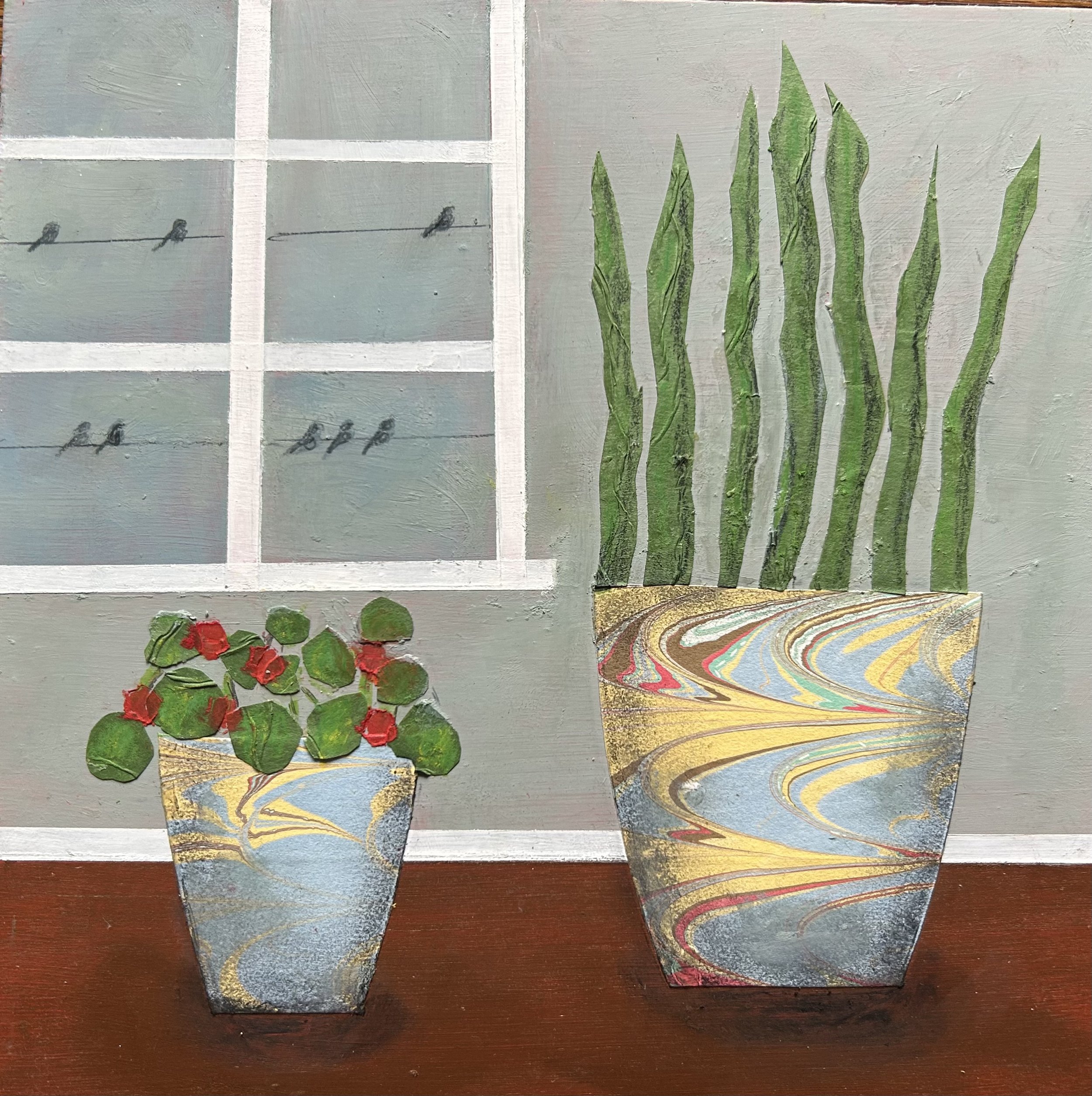 "Eight Birds on Wires", Paintstick and pencil on cradled board, 8” x 8” x 7/8”