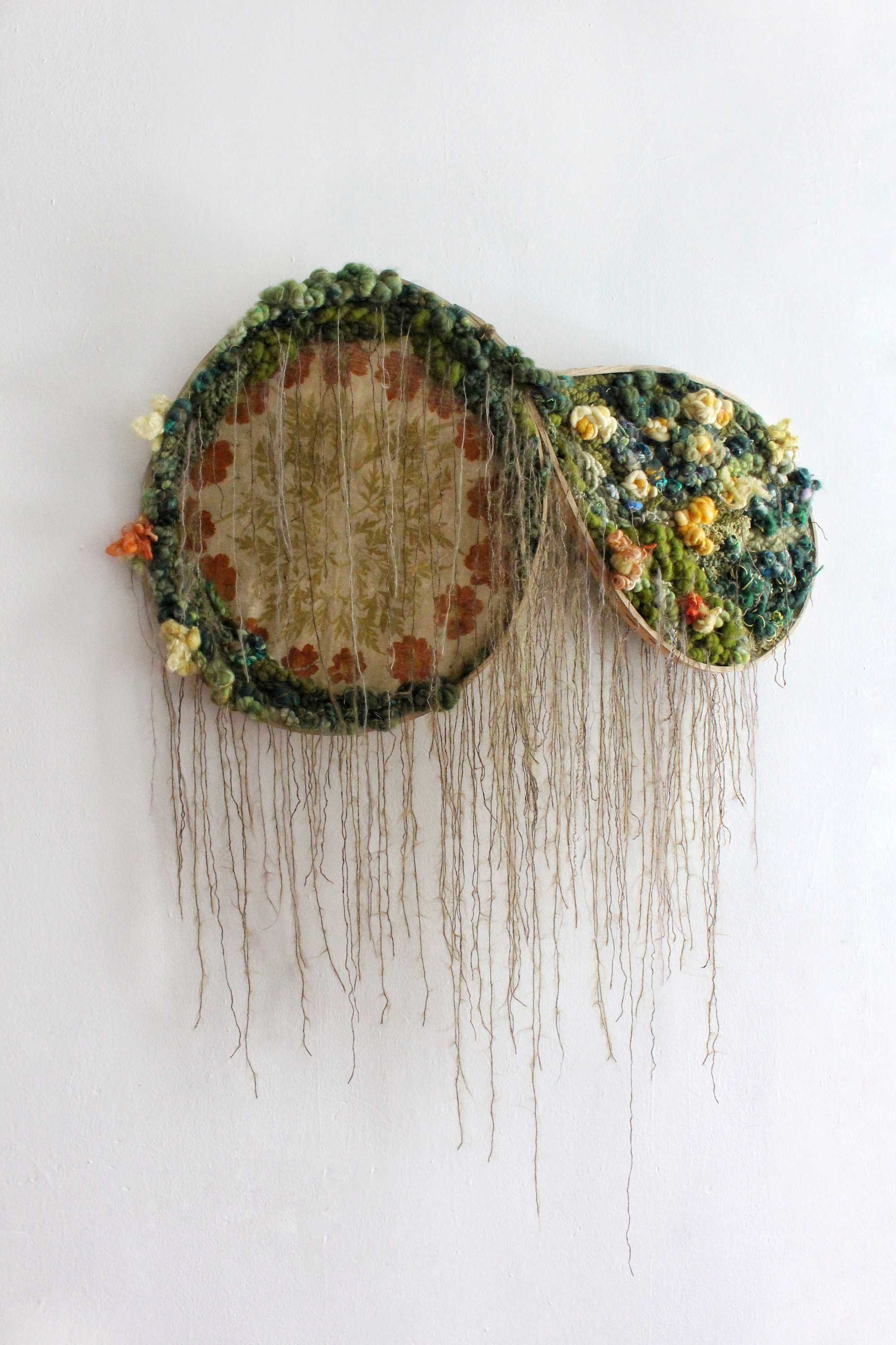 "Roots," 20 x 35 x 5 inches, Hand-bent wood frame, eco-printed fabric, wool, cotton, acrylic, 2024