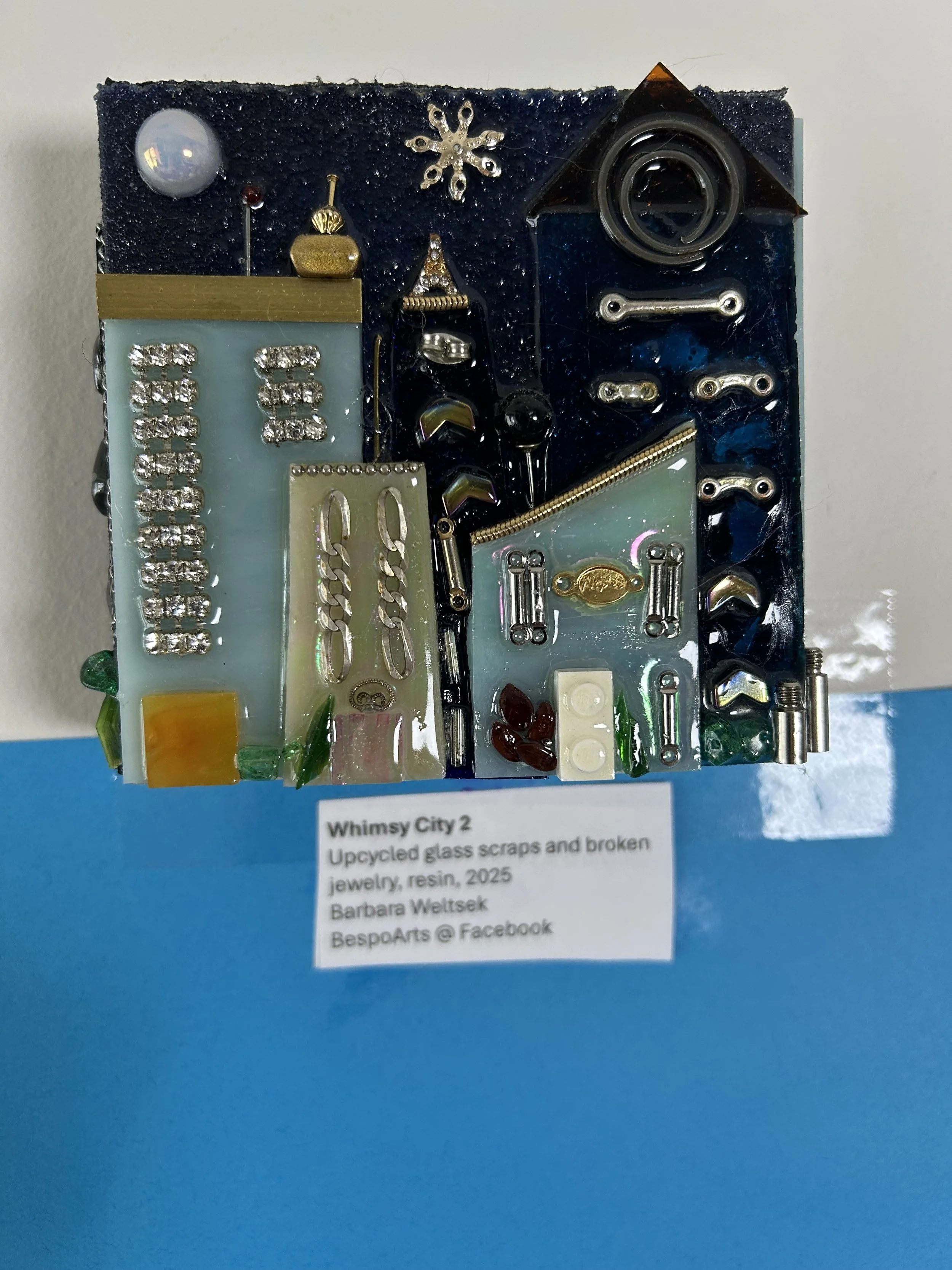 Whimsy City 2  /
Upcycled glass scraps and broken jewelry, resin, 2025
