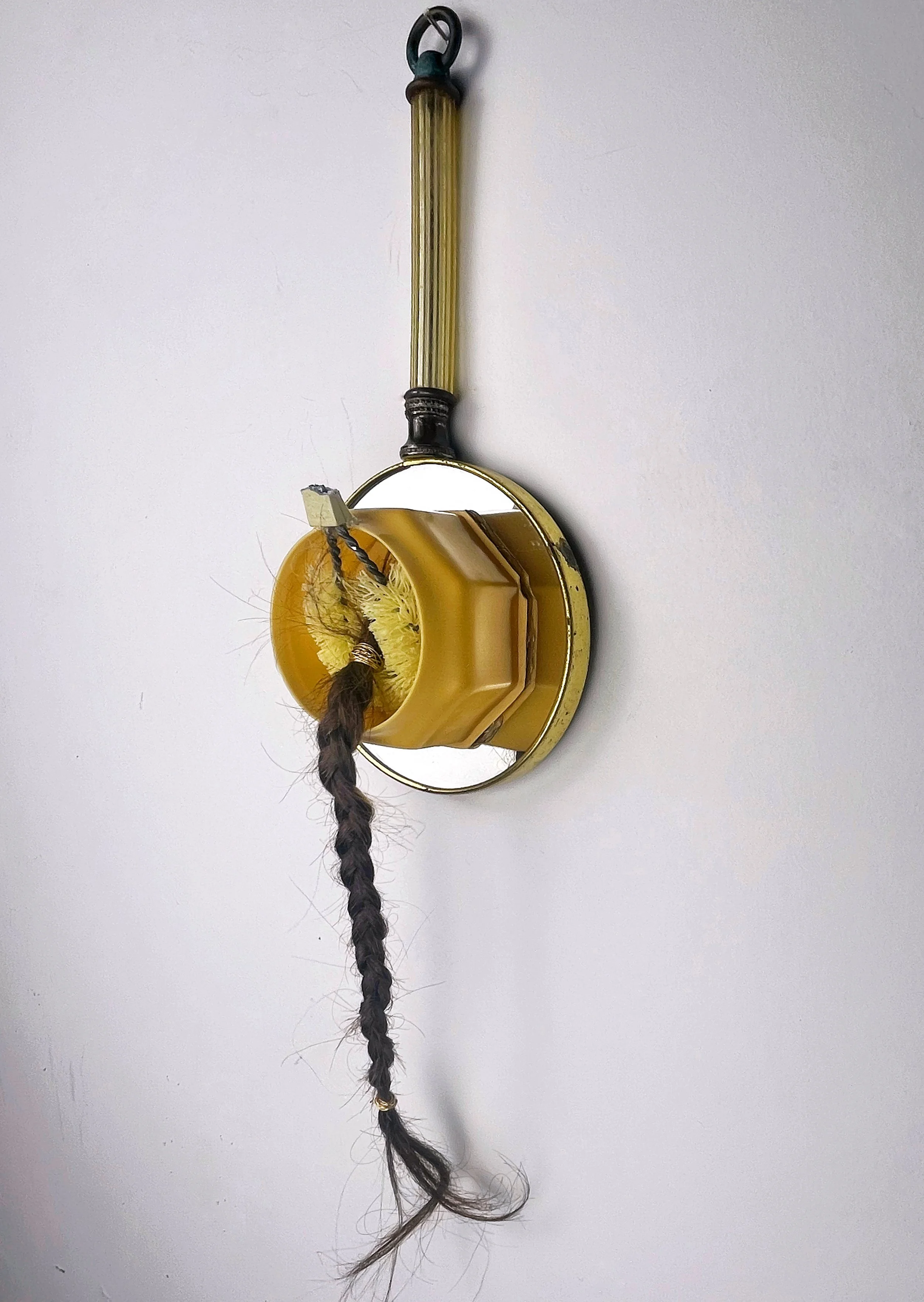 "A LONG DAY", upside down hand mirror, powder box, wire scrub brush, braid of real hair, 24 X 7 X 6 inches
