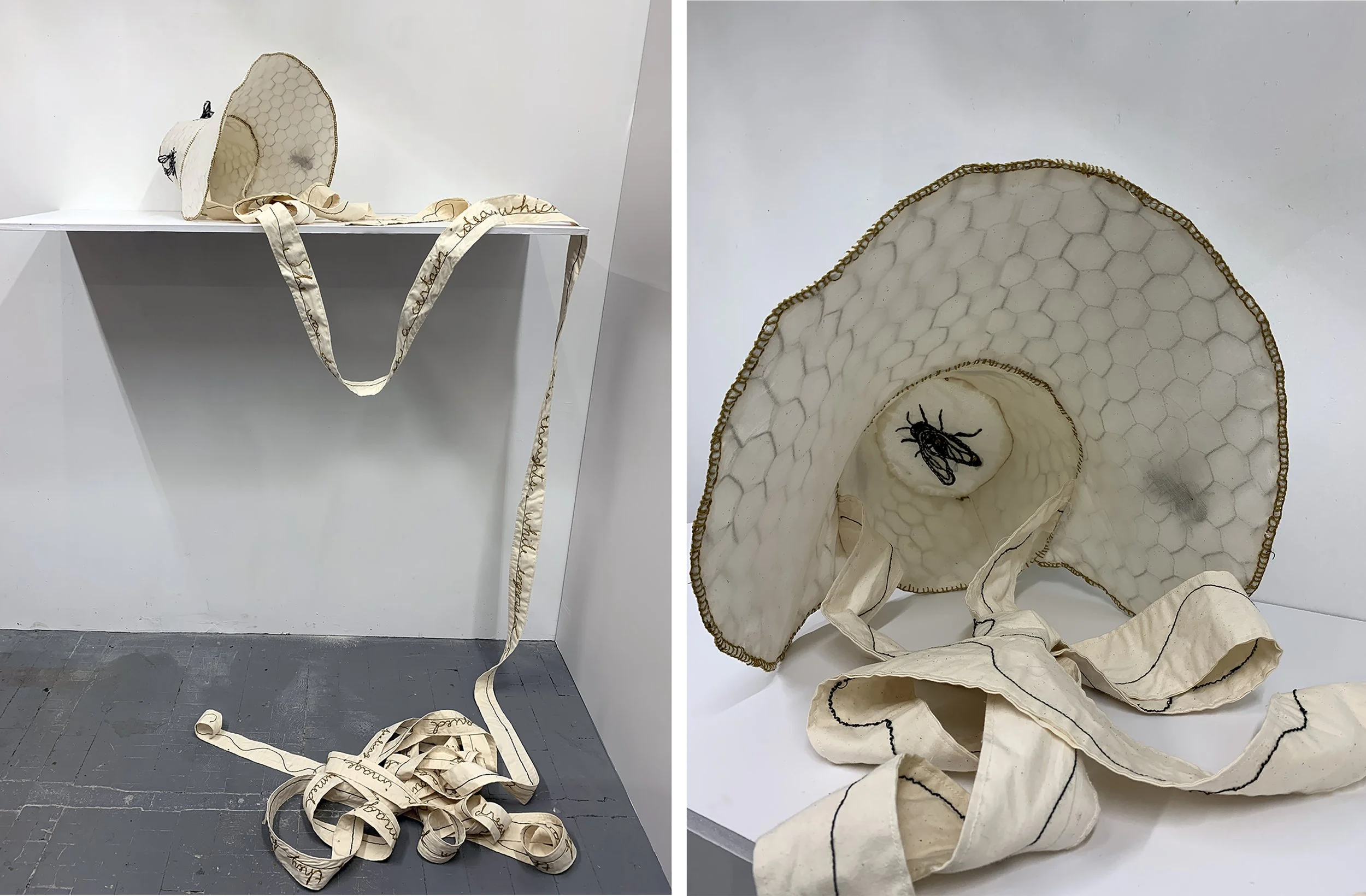 Bee in Her Bonnet / Embroidered muslin, chicken wire, bees wax / Appx 20"x16"x 20" / 2022
