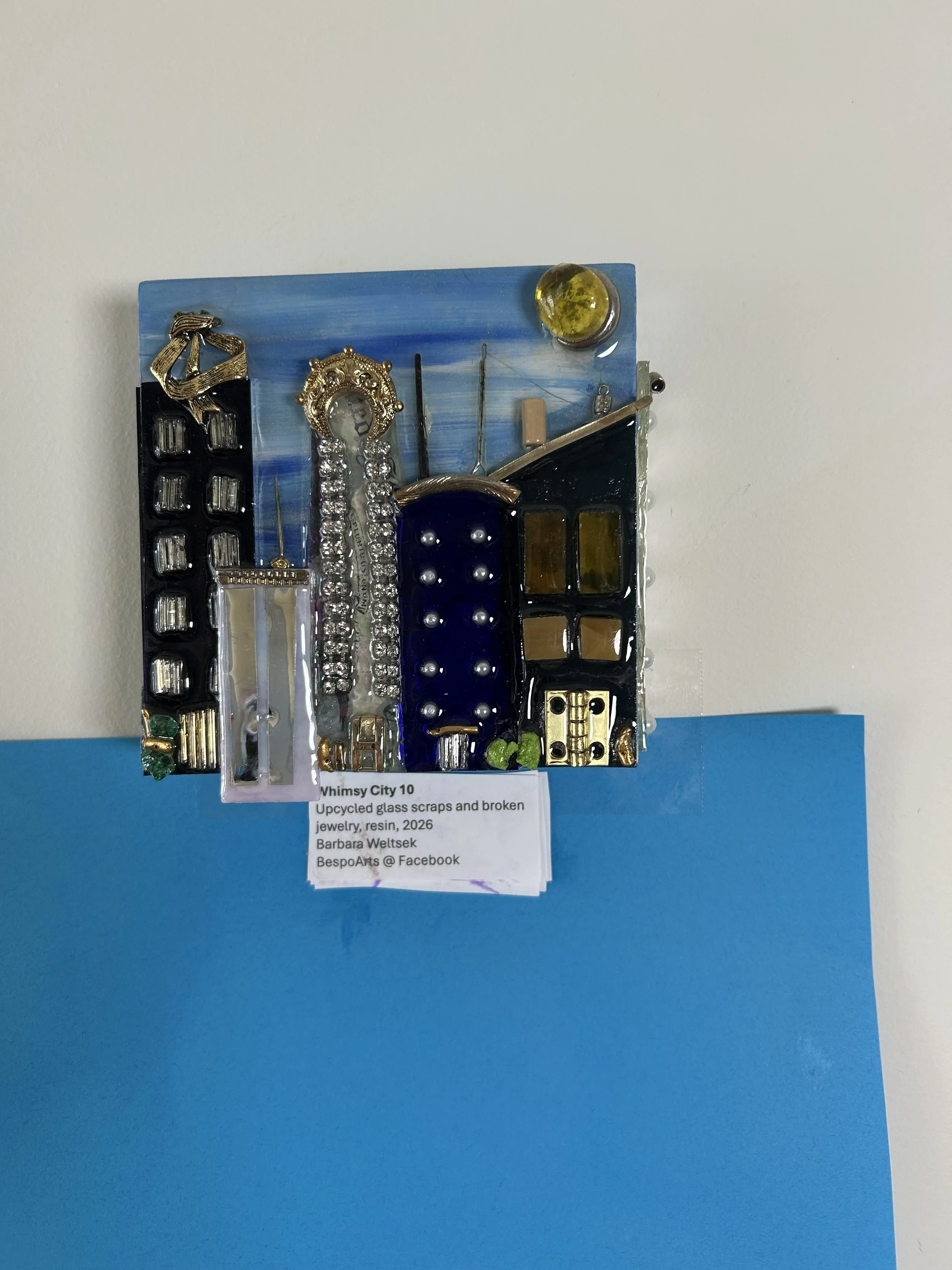 Whimsy City 10 /
Upcycled glass scraps and broken jewelry, resin, 2025