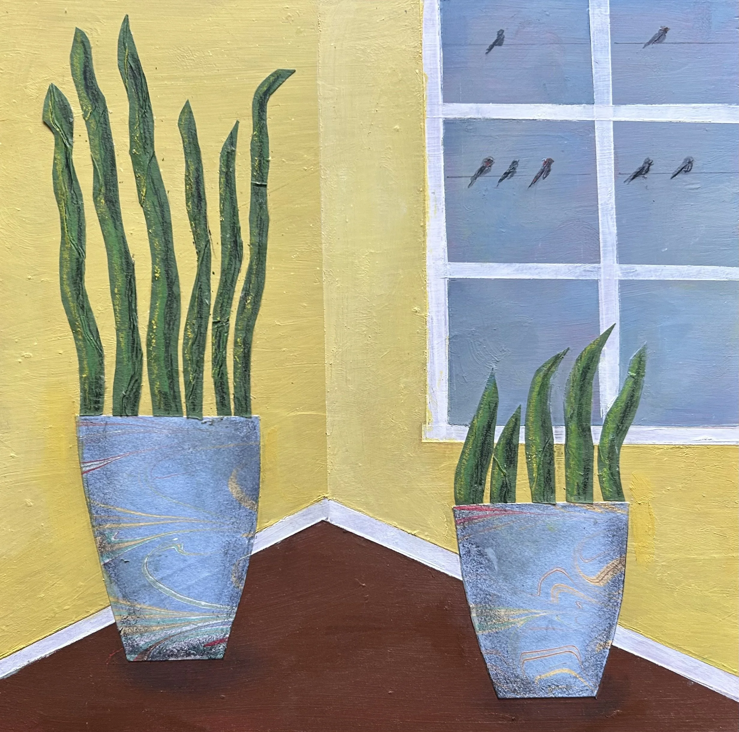 "Seven Birds on Wires", Paintstick and pencil on cradled board, 8” x 8” x 7/8”